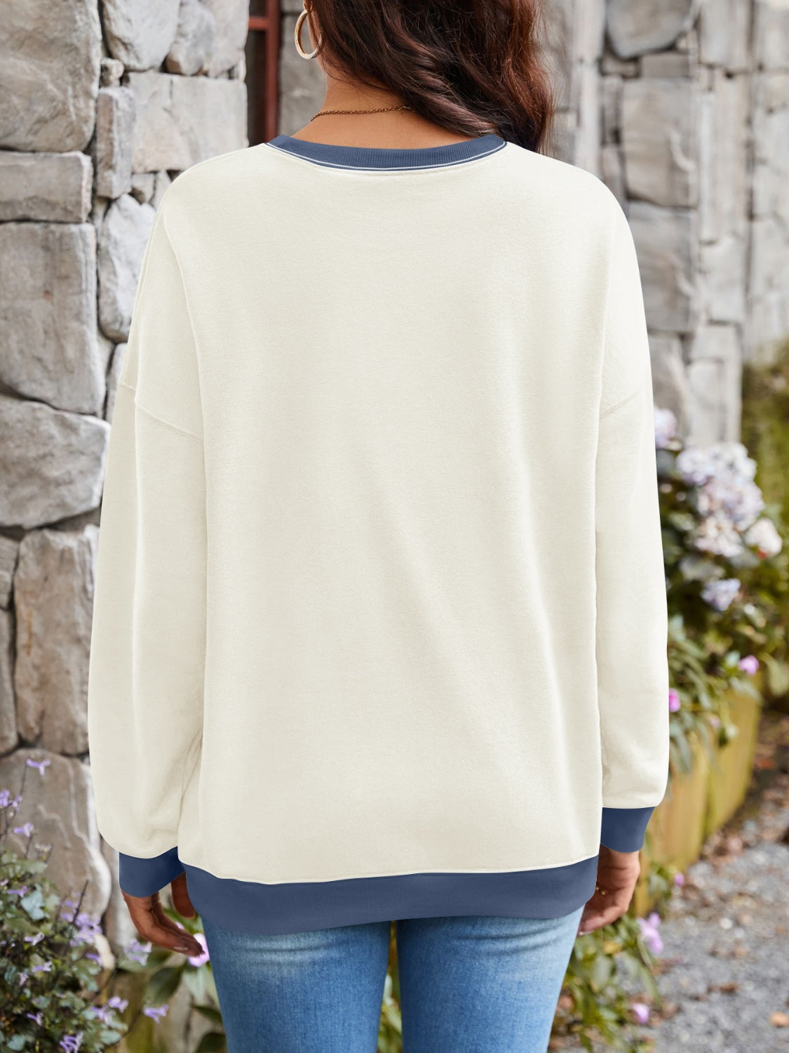 Blue Zone Planet | Lovelet Contrast Round Neck Long Sleeve Sweatshirt-TOPS / DRESSES-[Adult]-[Female]-2022 Online Blue Zone Planet