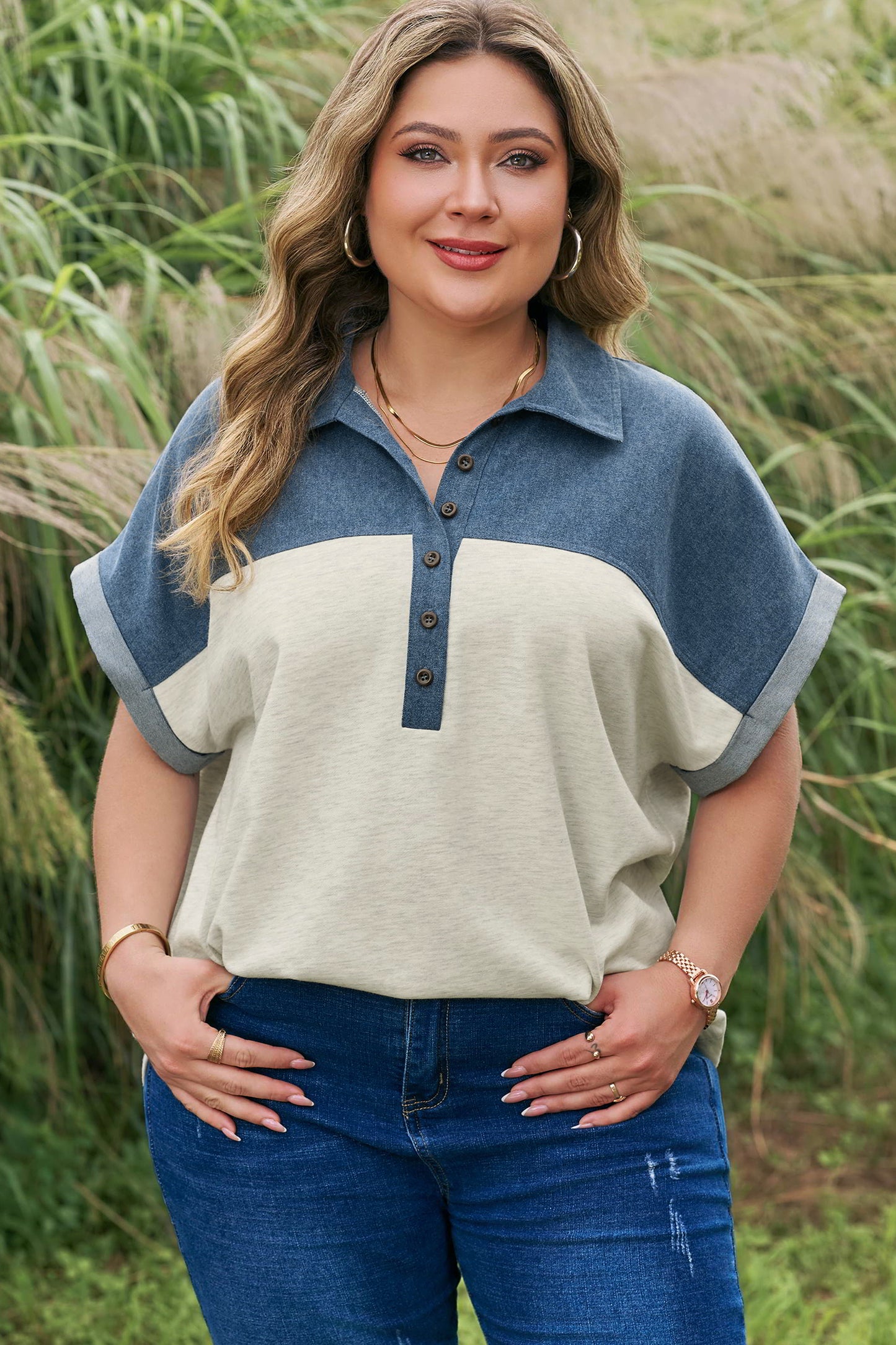 Light Grey Half Buttons Collared Denim Patchwork Plus Short Sleeve Top-Plus Size/Plus Size Tops/Plus Size Blouses & Shirts-[Adult]-[Female]-2022 Online Blue Zone Planet