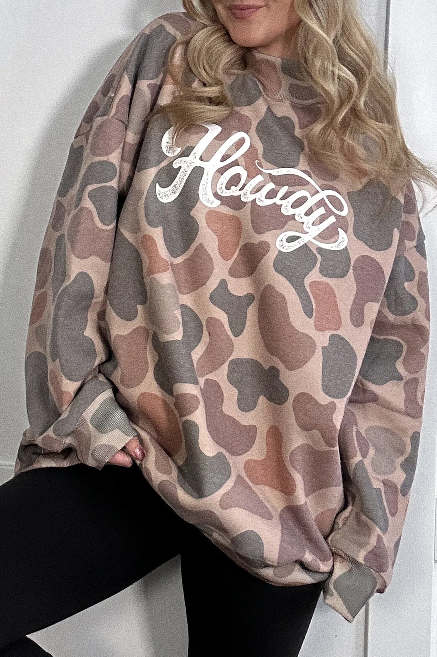 Multicolour Camo Print Howdy Western Style Baggy Pullover Sweatshirt-Tops/Sweatshirts & Hoodies-[Adult]-[Female]-2022 Online Blue Zone Planet