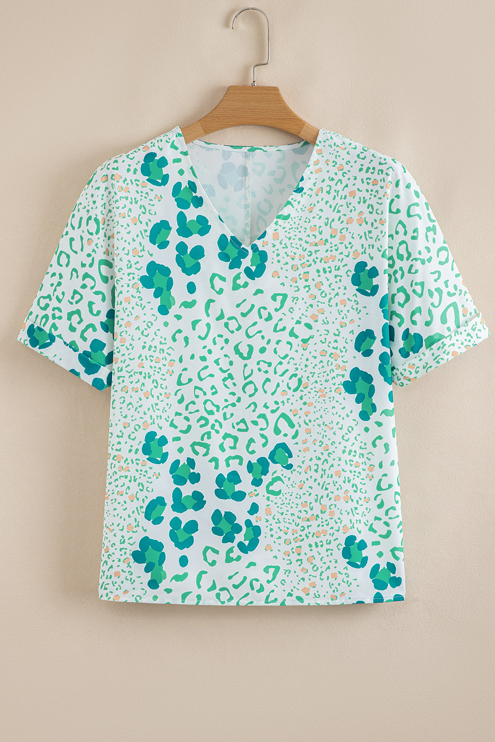 Green Mixed Leopard Print V Neck Short Sleeve Blouse-Tops/Blouses & Shirts-[Adult]-[Female]-2022 Online Blue Zone Planet