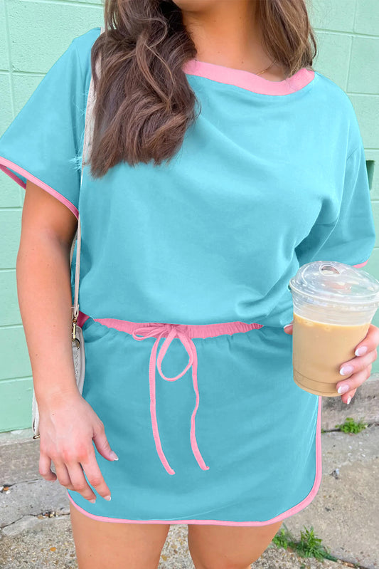 Turquoise Plus Size Contrast Trim T Shirt and Skirt Two Piece Set-Plus Size/Plus Size Loungewear-[Adult]-[Female]-Turquoise-1X-2022 Online Blue Zone Planet