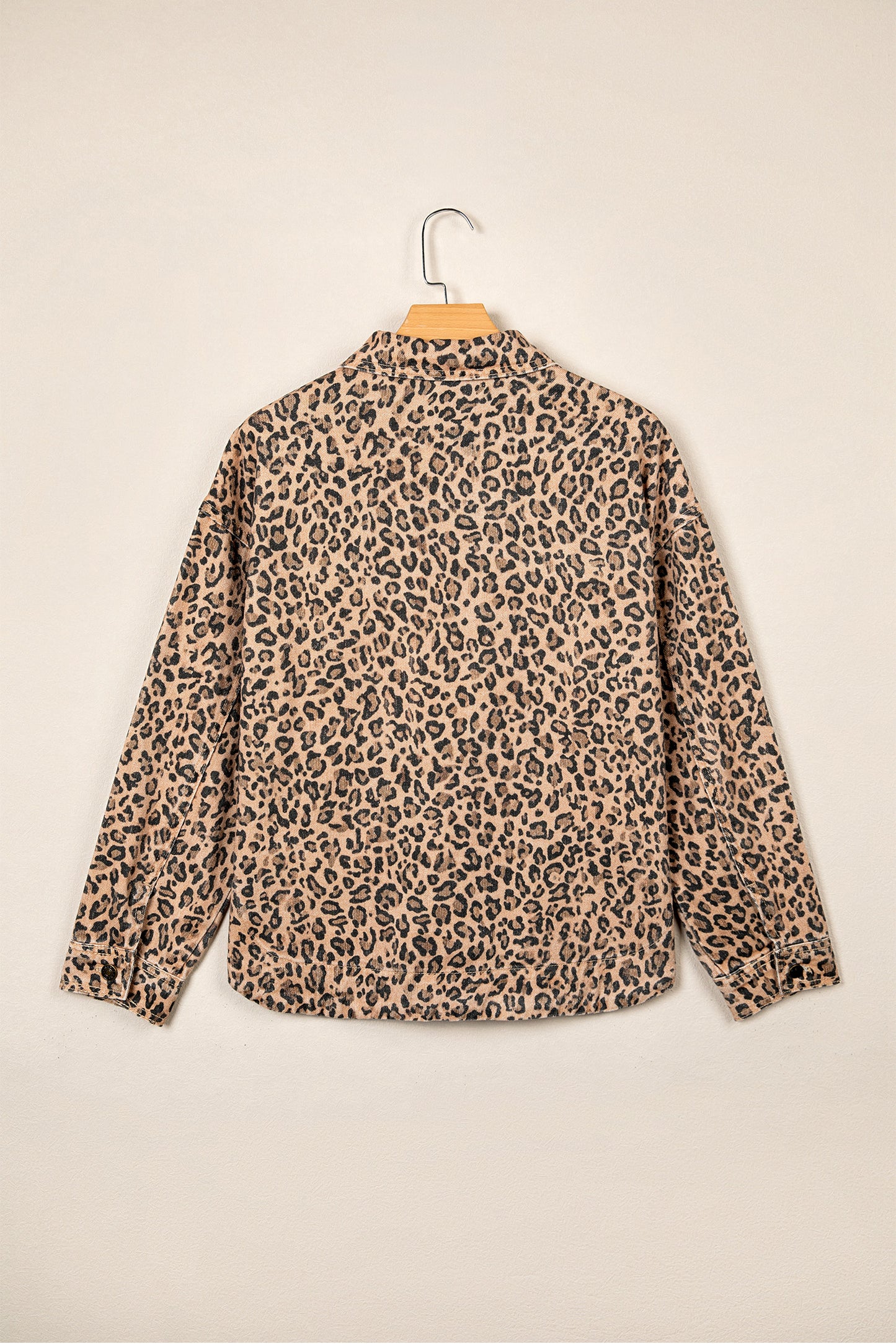 Khaki Leopard Print Collar Long Sleeve Patch Pocket Shift Denim Jacket-Outerwear/Denim jackets-[Adult]-[Female]-2022 Online Blue Zone Planet