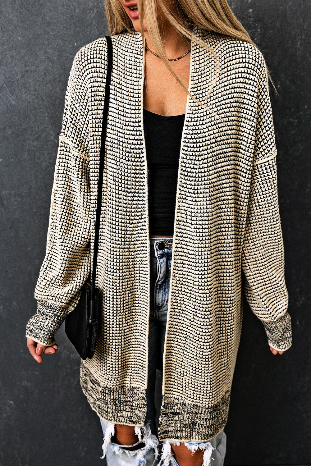 Gray Plaid Knitted Long Open Front Cardigan-Sweaters & Cardigans/Cardigans-[Adult]-[Female]-Apricot-S-2022 Online Blue Zone Planet