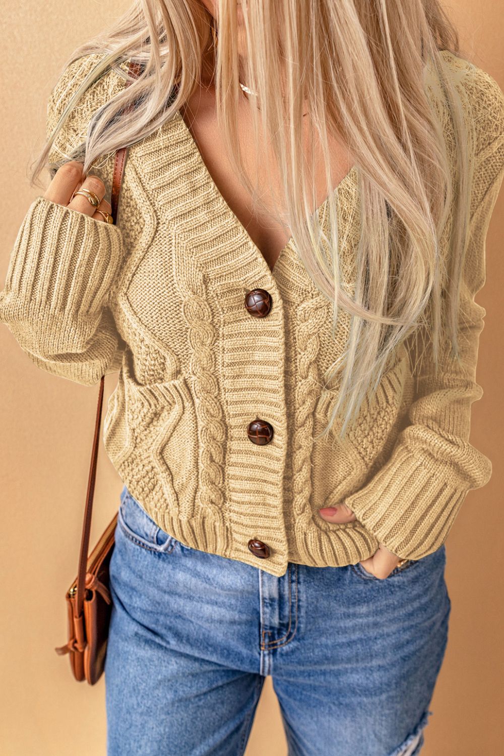 Cable-Knit Button Down V-Neck Cardigan-TOPS / DRESSES-[Adult]-[Female]-Beige-M-2022 Online Blue Zone Planet