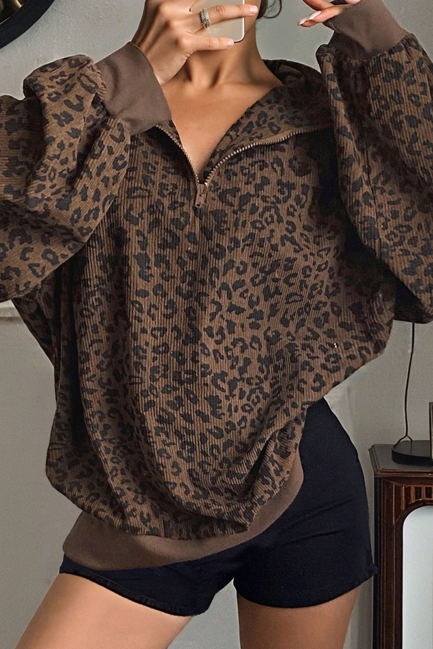 Brown Leopard Print Quarter Zip Corduroy Sweatshirt-Tops/Sweatshirts & Hoodies-[Adult]-[Female]-2022 Online Blue Zone Planet
