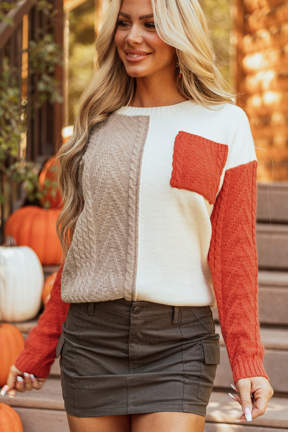 Gold Flame Colorblock Patched Pocket Drop Shoulder Sweater-Sweaters & Cardigans/Sweaters-[Adult]-[Female]-Gold Flame-S-2022 Online Blue Zone Planet