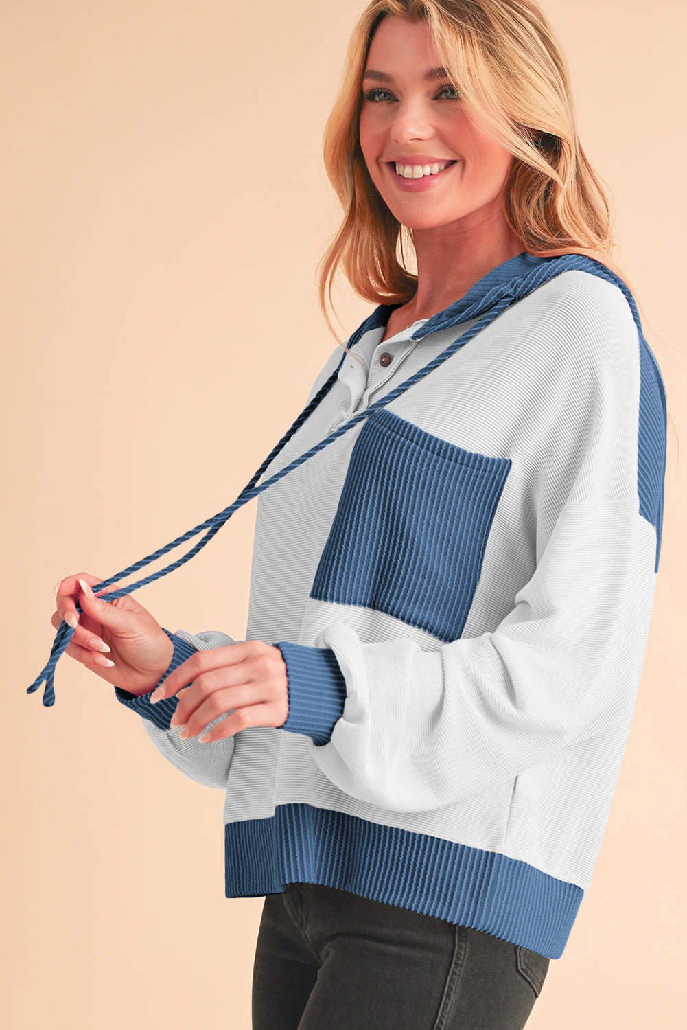 Blue Zone Planet | Corded Color Block Drawstring Hoodie-TOPS / DRESSES-[Adult]-[Female]-2022 Online Blue Zone Planet