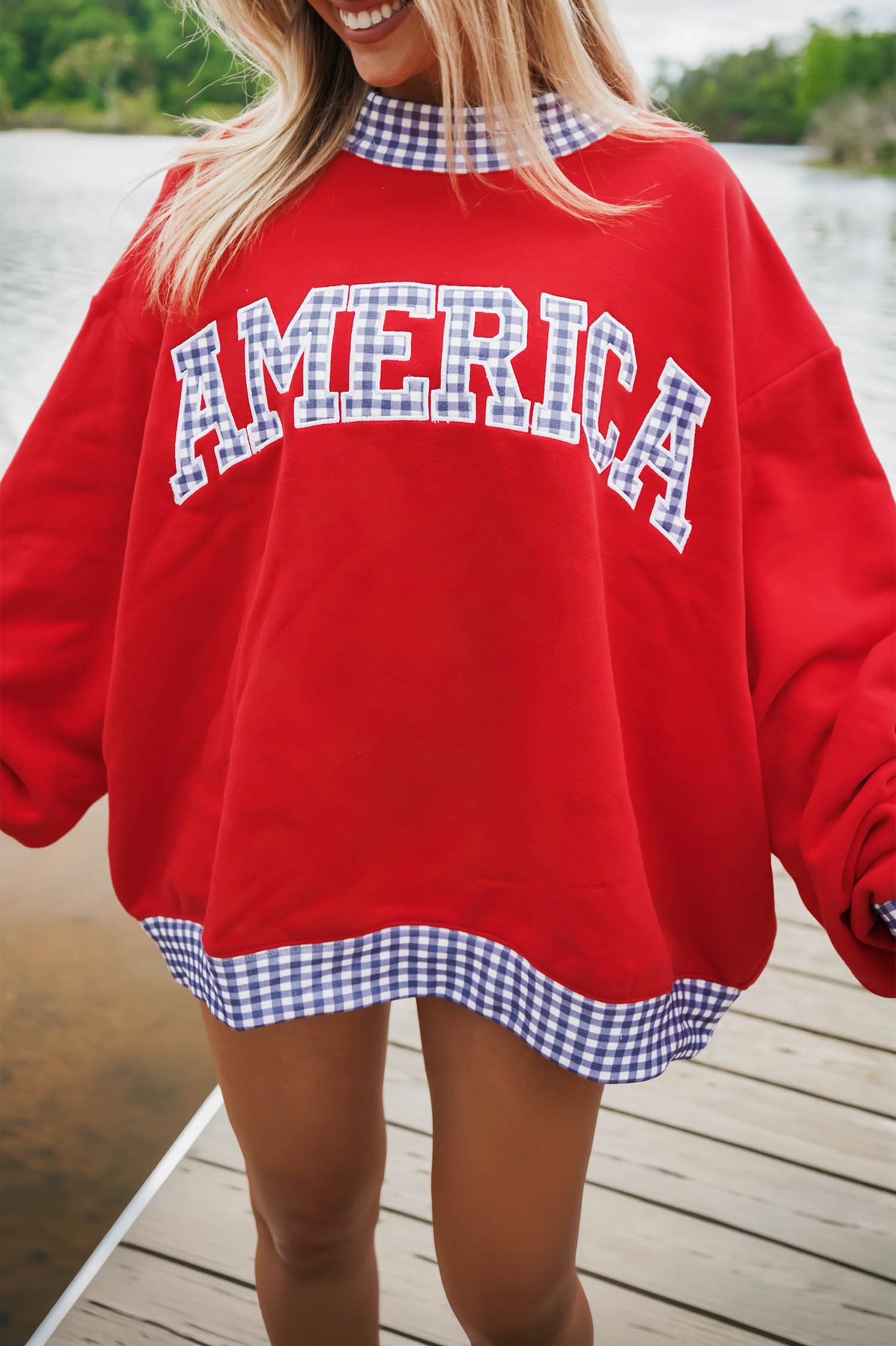 Red Plaid Trim High Neck AMERICA/ USA Letter Graphic Baggy Sweatshirt