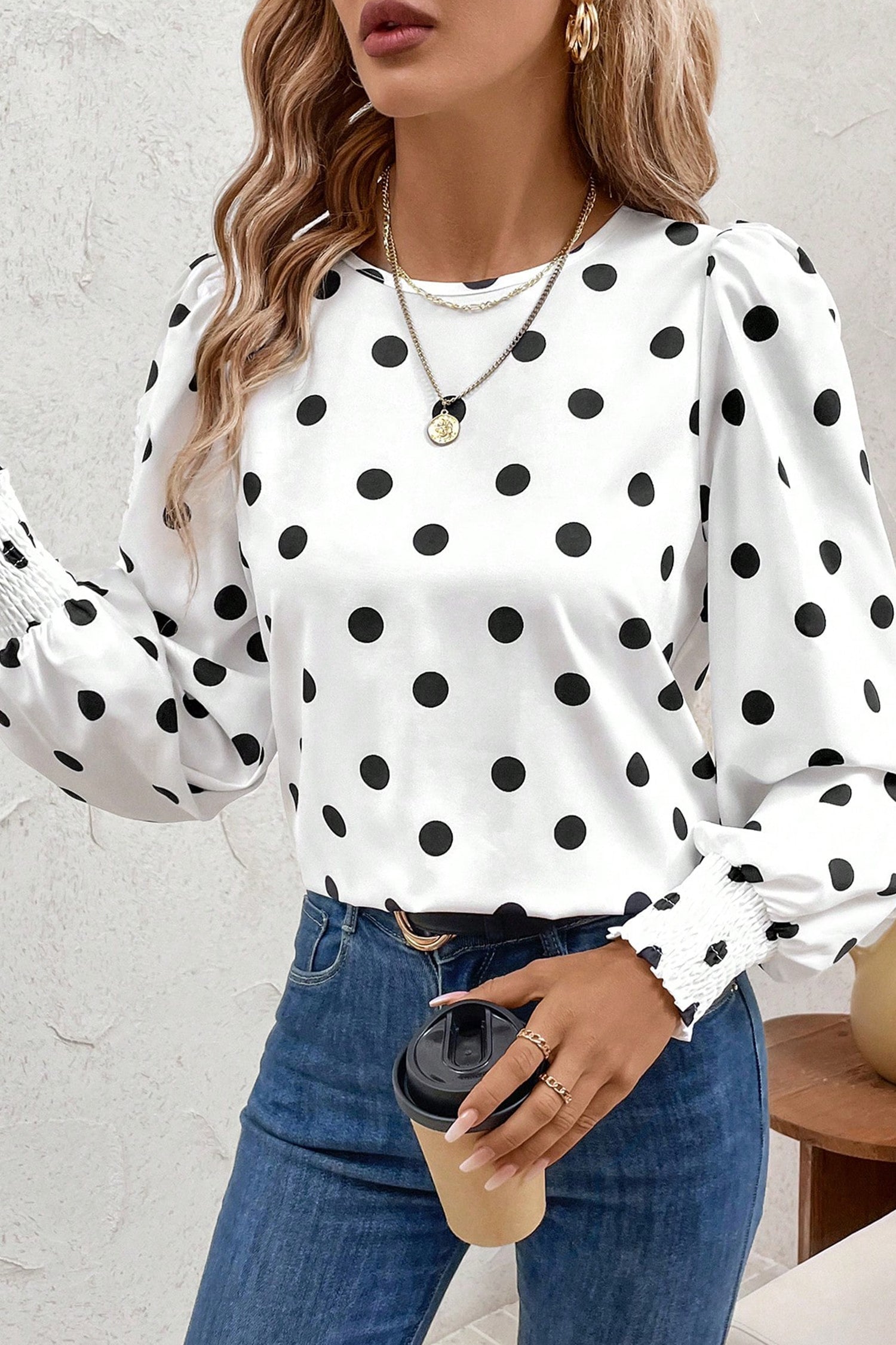 White Polka Dot Print Round Neck Frilled Long Sleeve Blouse-Tops/Blouses & Shirts-[Adult]-[Female]-2022 Online Blue Zone Planet