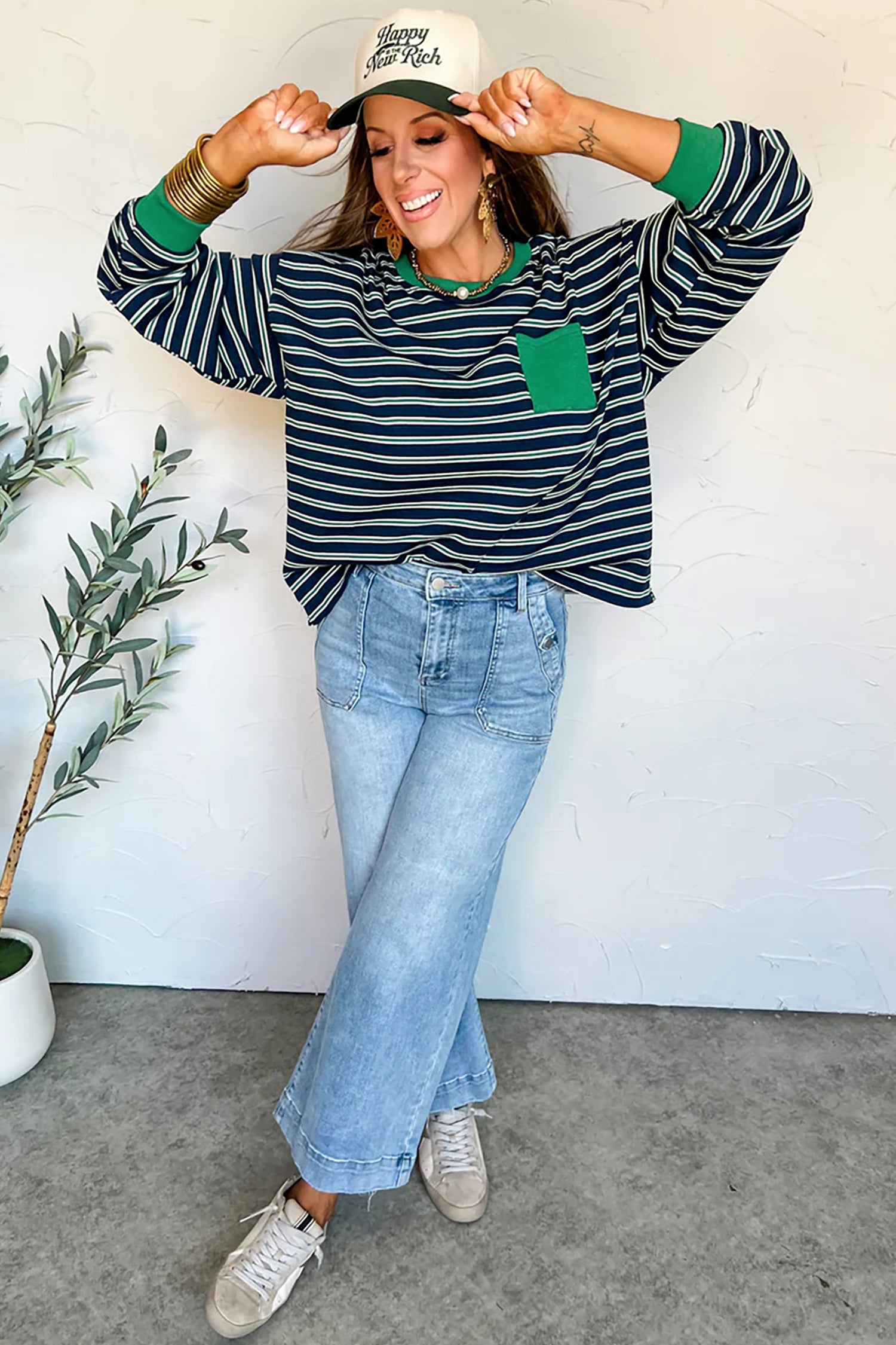 Green Stripe Ribbed Color Block Patchwork Crew Neck Patch Pocket Long Sleeve Top-Tops/Long Sleeve Tops-[Adult]-[Female]-2022 Online Blue Zone Planet