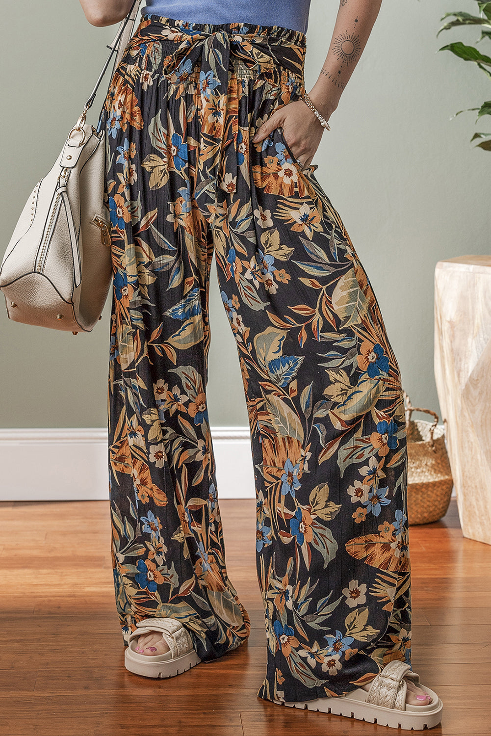 Multicolour Floral Shirred High Waist Wide Leg Pants with Tie-Bottoms/Pants & Culotte-[Adult]-[Female]-Multicolour-S-2022 Online Blue Zone Planet