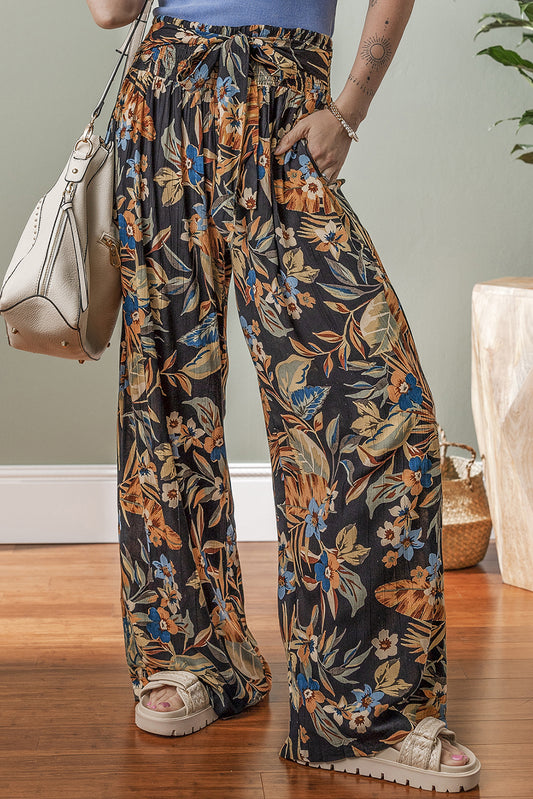 Multicolour Floral Shirred High Waist Wide Leg Pants with Tie-Bottoms/Pants & Culotte-[Adult]-[Female]-Multicolour-S-2022 Online Blue Zone Planet