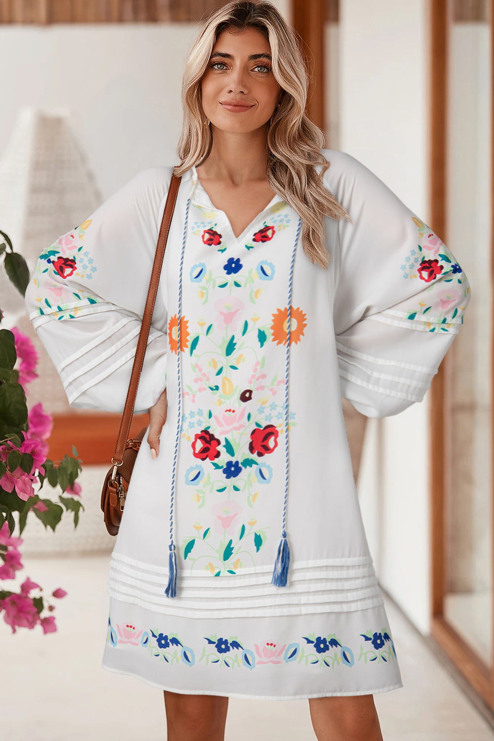 White Floral Print Boho Tassel Tie Split Neck Tucking Detail Puff Sleeve Mini Dress-Dresses/Mini Dresses-[Adult]-[Female]-2022 Online Blue Zone Planet