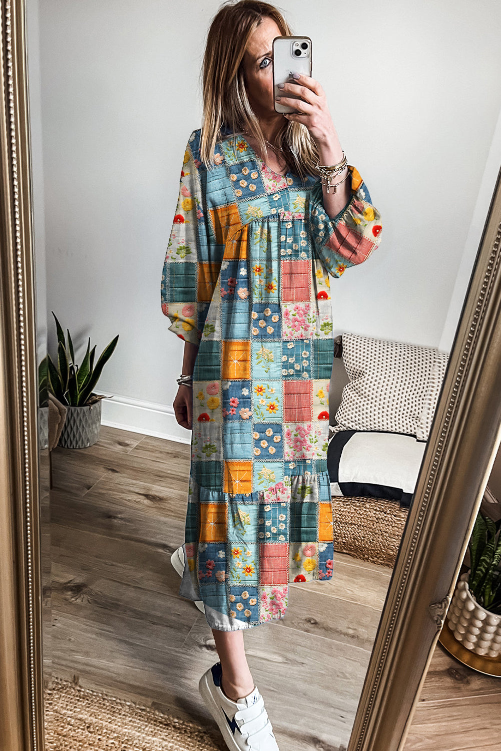 Sky Blue Mix Floral Checkered Pattern Bubble Sleeve Ruffle Hem Dress-Dresses/Maxi Dresses-[Adult]-[Female]-2022 Online Blue Zone Planet