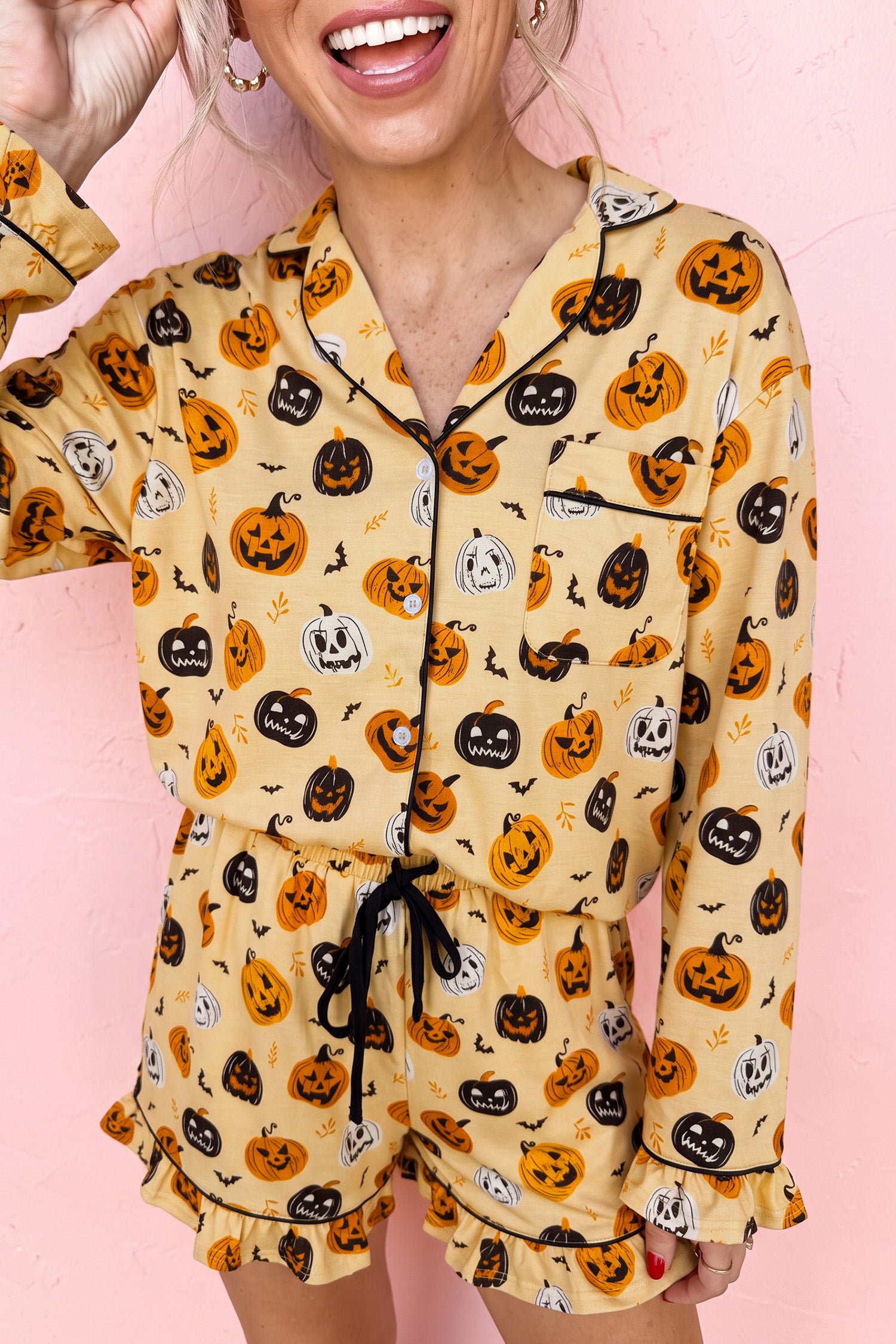 Orange Long Sleeve Ruffle Pumpkin Face Print Two Piece Lounge Set-Loungewear & Sleepwear/Loungewear-[Adult]-[Female]-2022 Online Blue Zone Planet