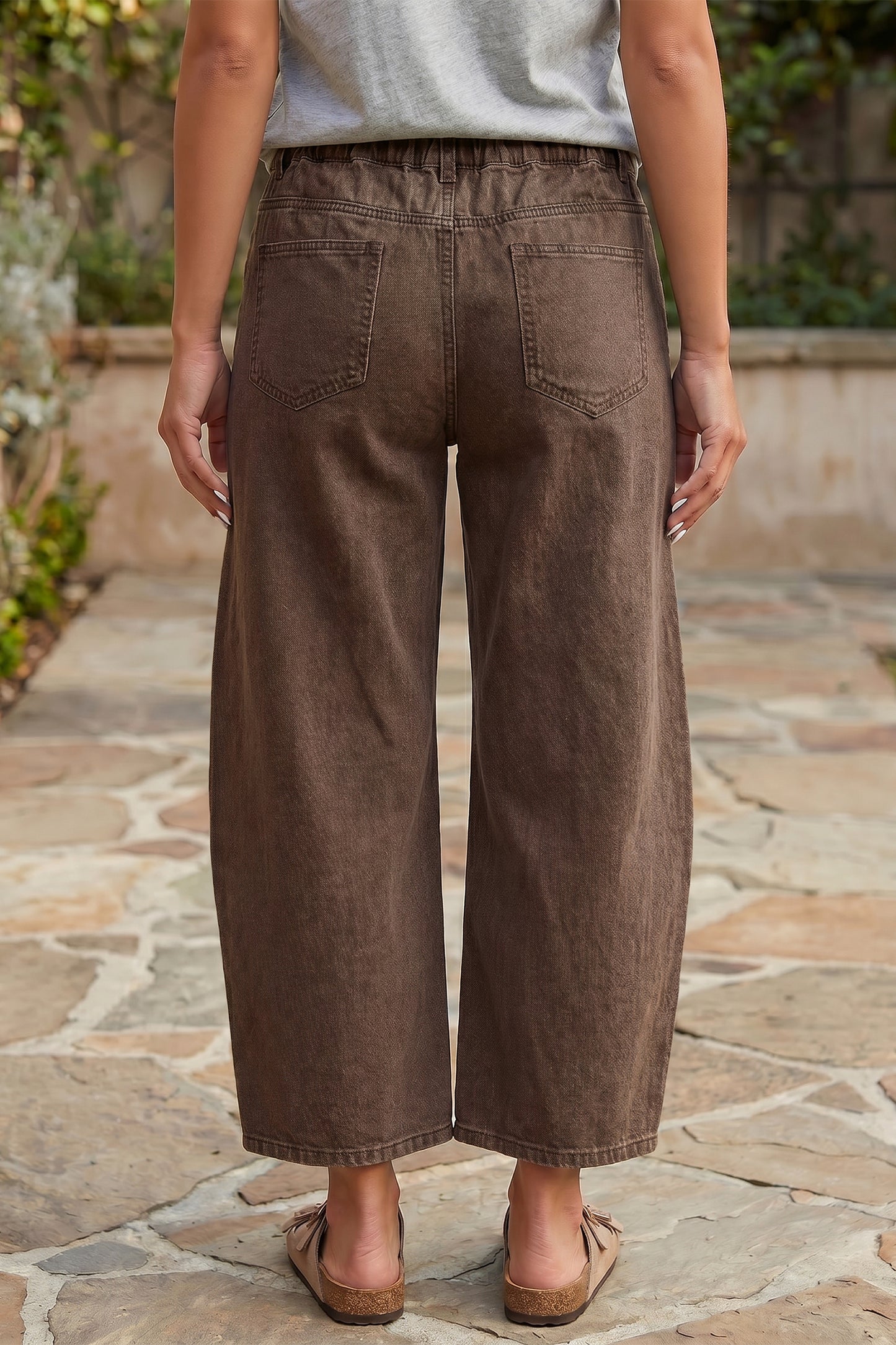 Coffee Solid Color Square Patch Pocket Ankle-length Barrel Jeans-Bottoms/Jeans-[Adult]-[Female]-2022 Online Blue Zone Planet