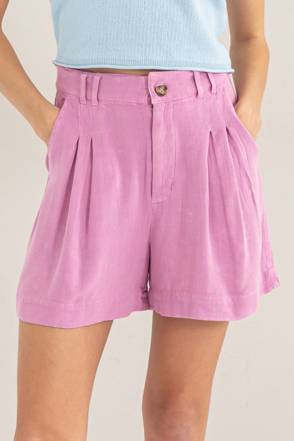 Blue Zone Planet | HYFVE High Waist Pleated Linen Shorts-TOPS / DRESSES-[Adult]-[Female]-Pink-S-2022 Online Blue Zone Planet