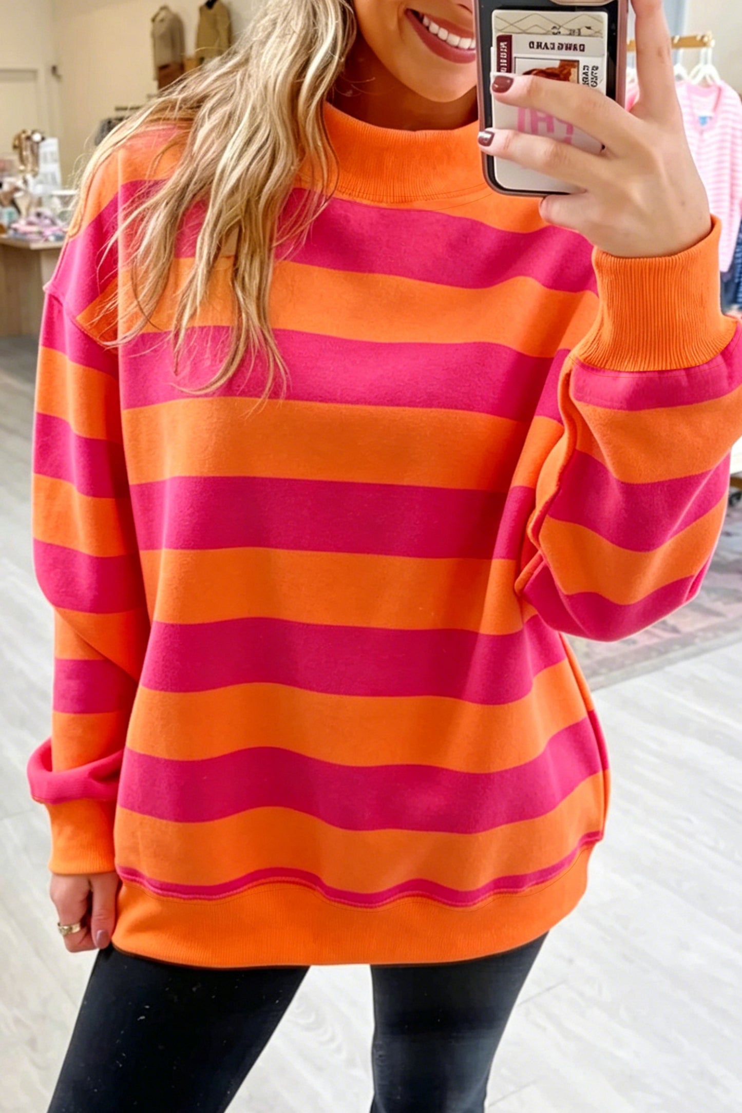 Rose Stripe Colorblock Mock Neck Relaxed Sweatshirt