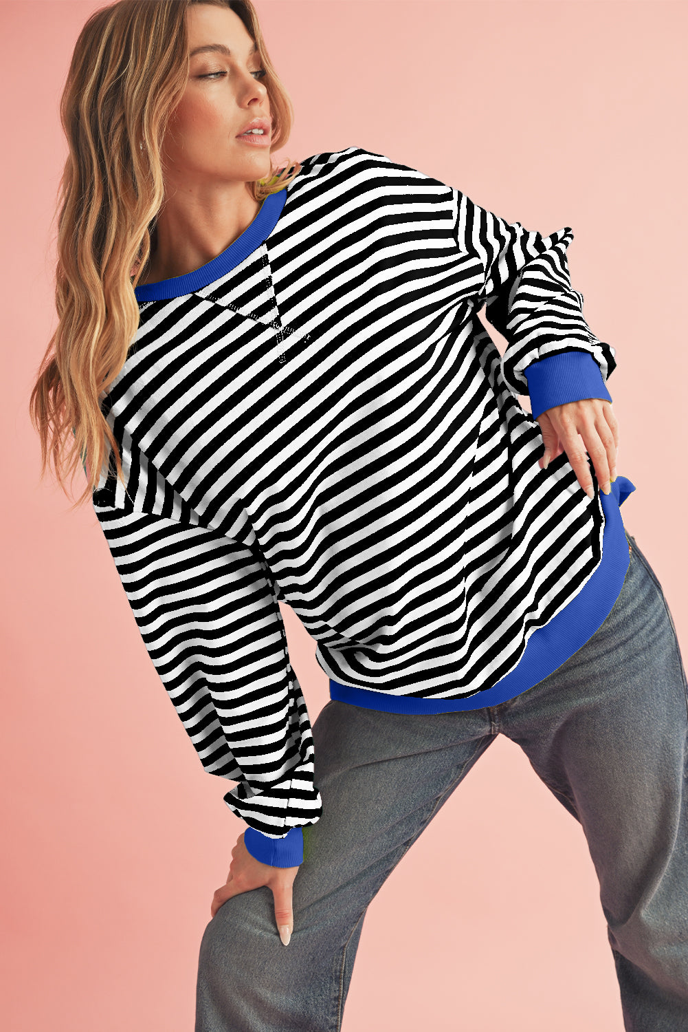 Black Stripe Contrast Edge Cross Seam Oversized Sweatshirt-Sweatshirts & Hoodies-[Adult]-[Female]-2022 Online Blue Zone Planet