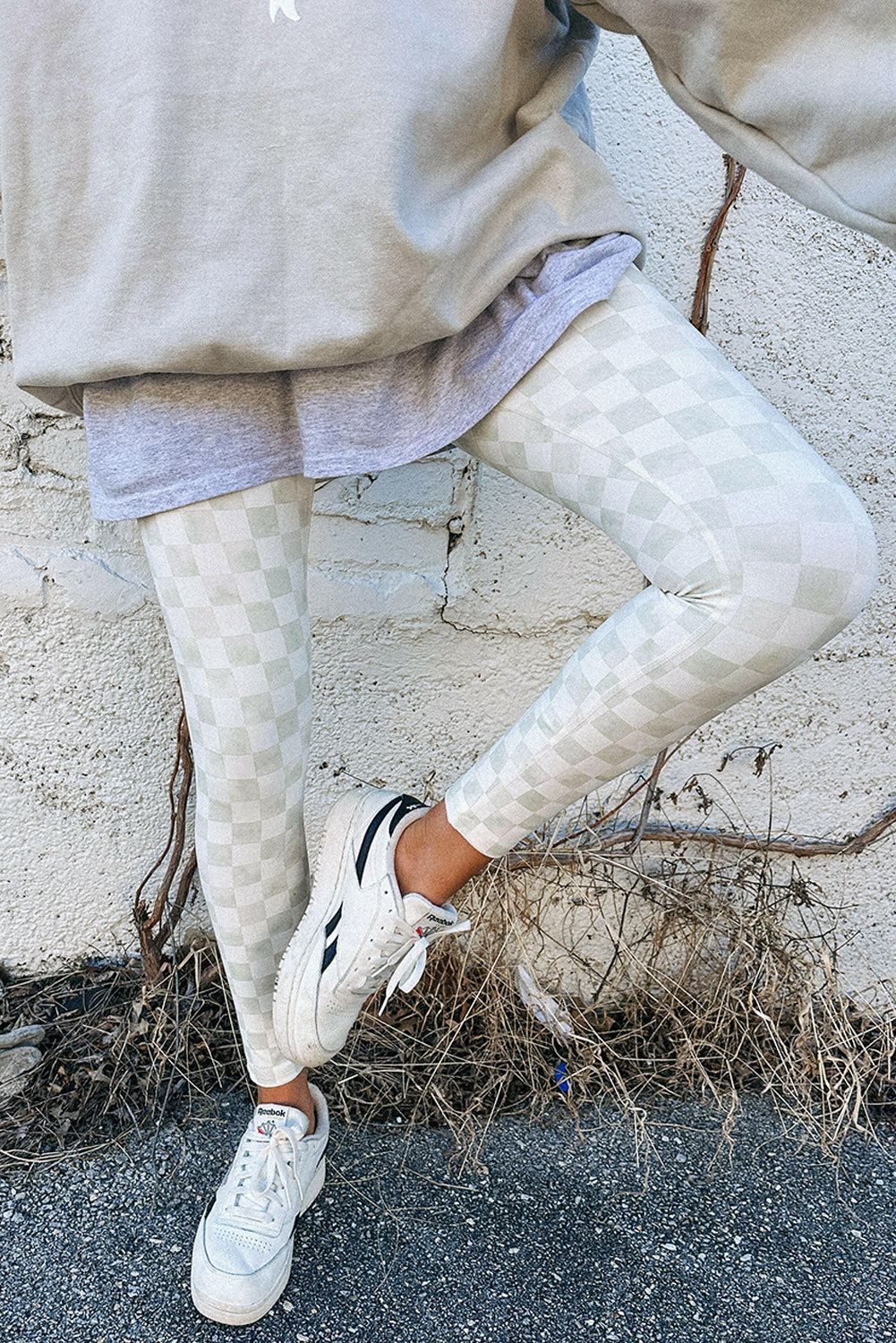 Khaki Checkered Pattern High Waist Skinny Leggings-Leggings-[Adult]-[Female]-2022 Online Blue Zone Planet