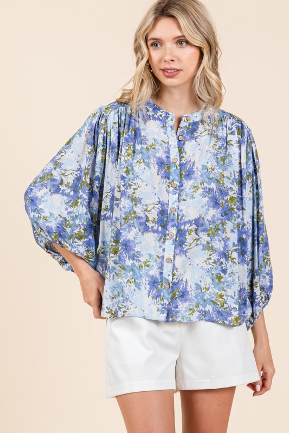 Mittoshop Flower Print Batwing Sleeve Button Down Blouse-TOPS / DRESSES-[Adult]-[Female]-2022 Online Blue Zone Planet
