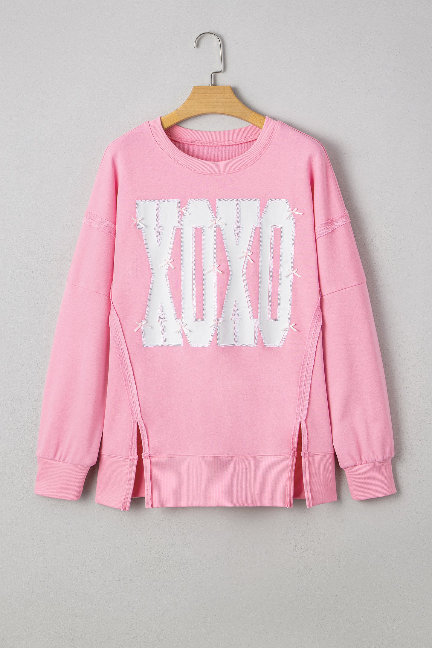 Pink Bow Sequin XOXO Letter Graphic Exposed Seam Baggy Sweatshirt-Tops/Sweatshirts & Hoodies-[Adult]-[Female]-2022 Online Blue Zone Planet