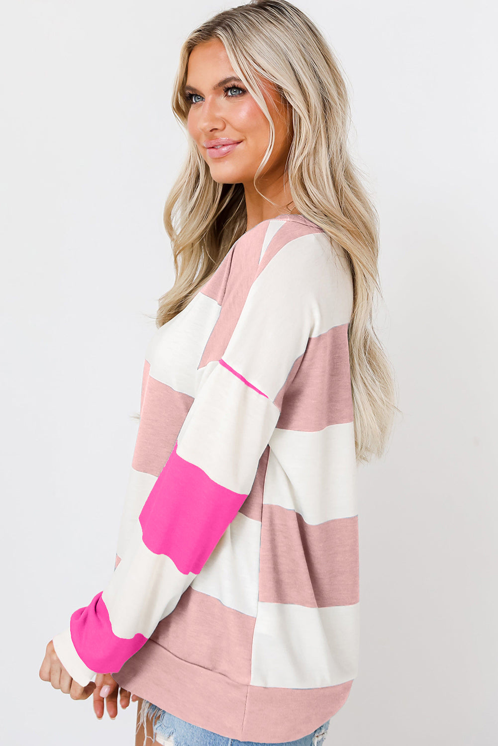 Rose Red Colorblock Striped Drop Shoulder Long Sleeve Top-Tops/Long Sleeve Tops-[Adult]-[Female]-2022 Online Blue Zone Planet