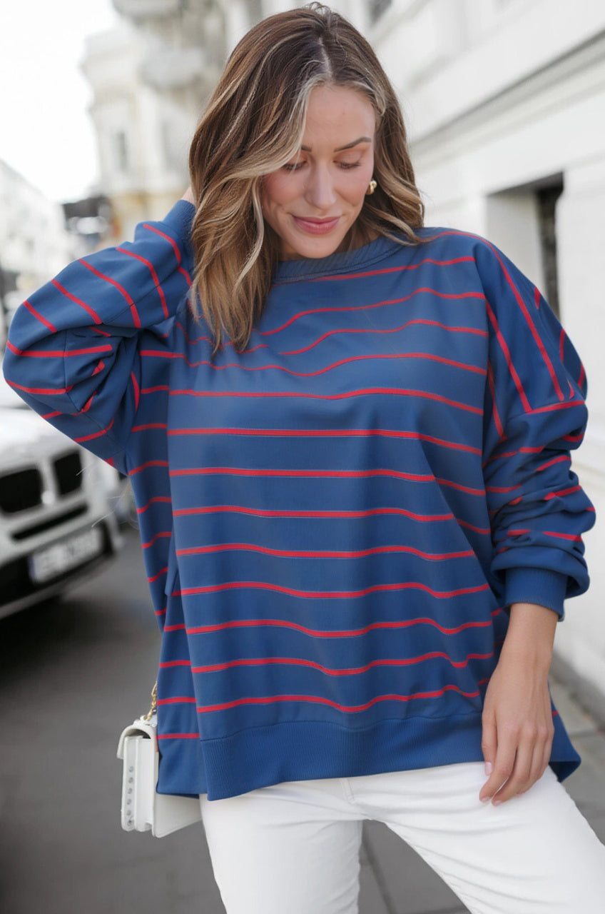 Blue Stripe Stylish Overlap Detail Drop Shoulder Pullover Sweatshirt-Tops/Sweatshirts & Hoodies-[Adult]-[Female]-2022 Online Blue Zone Planet