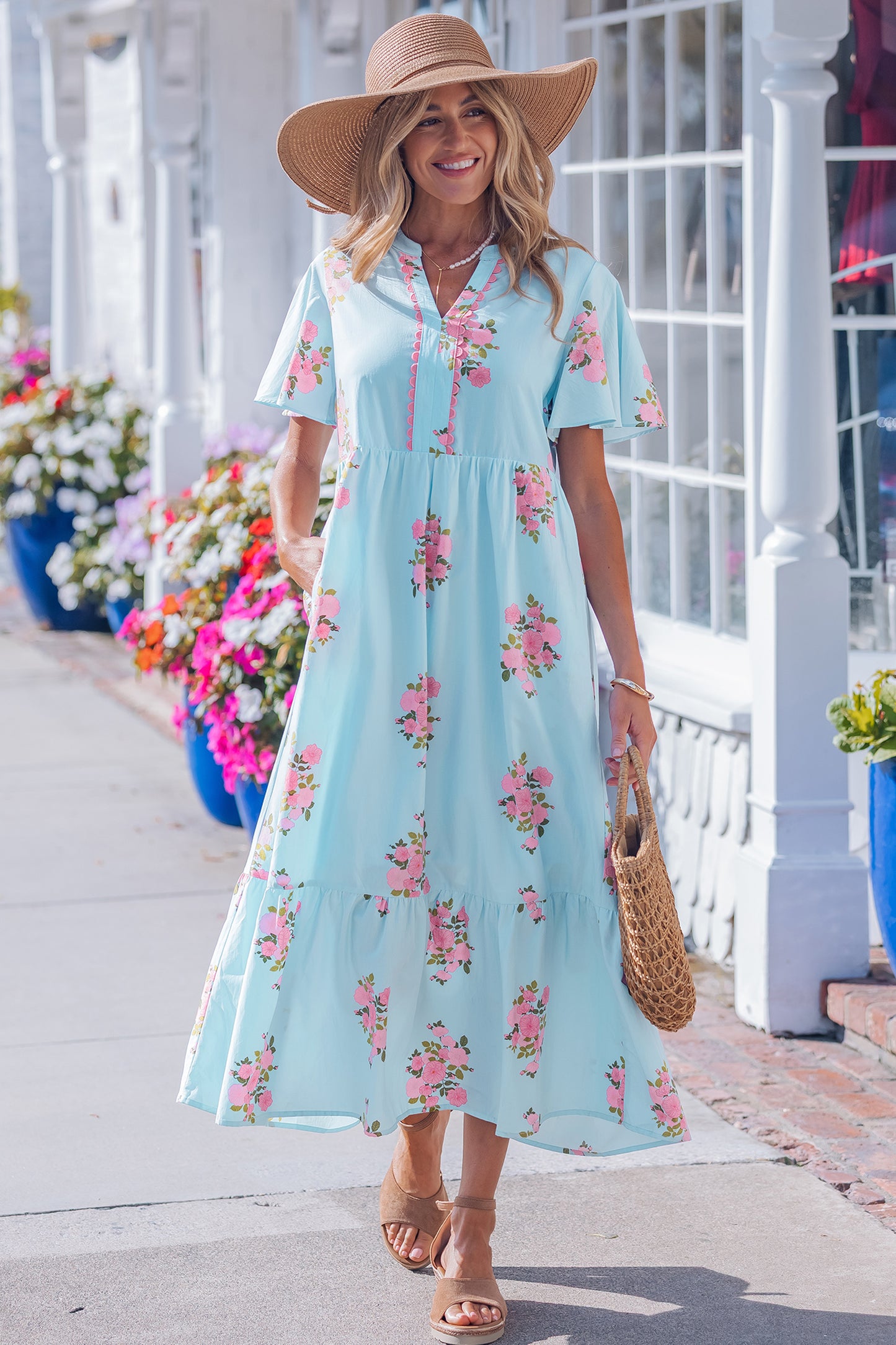 Sky Blue Notched Neck Flutter Short Sleeve Floral Print Maxi Dress-TOPS / DRESSES-[Adult]-[Female]-2022 Online Blue Zone Planet