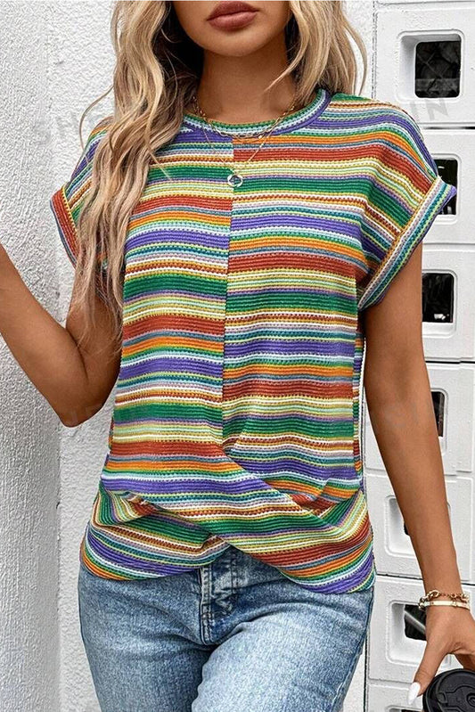 Multicolour Striped Pattern Twist Hem Short Sleeve Top-Tops/Tops & Tees-[Adult]-[Female]-Multicolour-S-2022 Online Blue Zone Planet