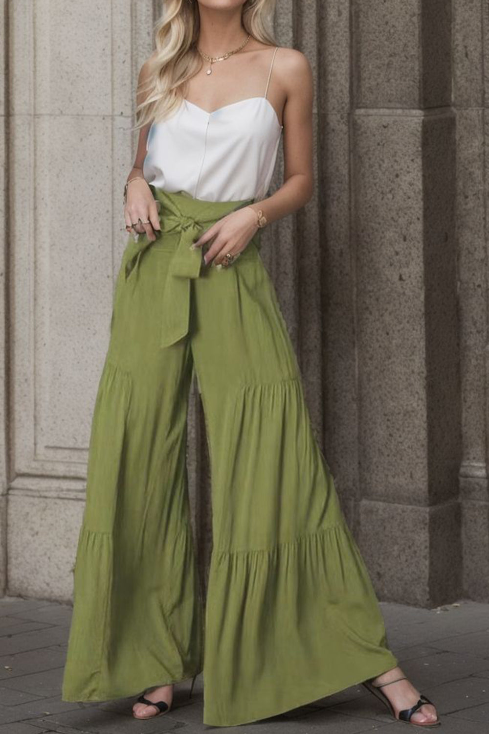 Tied Wide Leg Pants-[Adult]-[Female]-Matcha Green-S-2022 Online Blue Zone Planet