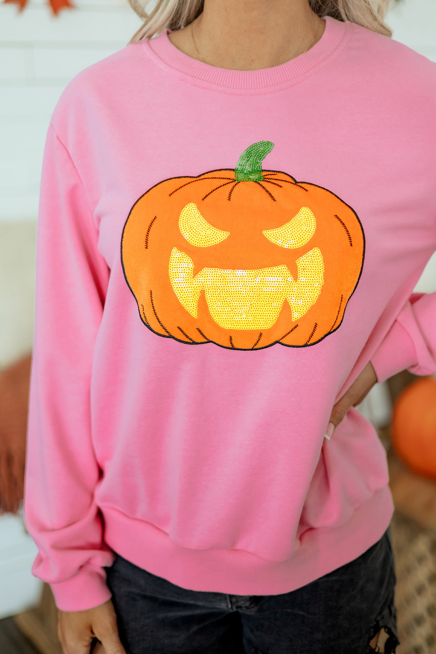 Pink Embroidered Pumpkin Face Long Sleeve Round Neck Sweatshirt-Tops/Sweatshirts & Hoodies-[Adult]-[Female]-2022 Online Blue Zone Planet