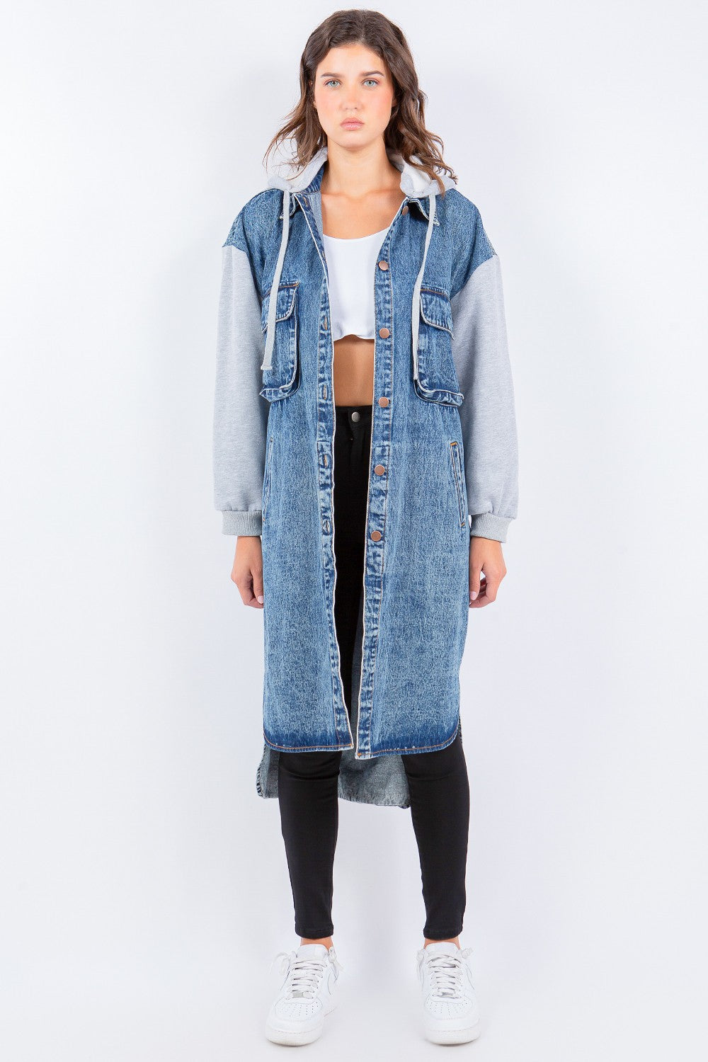 American Bazi Contrast Longline Hooded Denim Jacket-TOPS / DRESSES-[Adult]-[Female]-Blue/Grey-S-2022 Online Blue Zone Planet