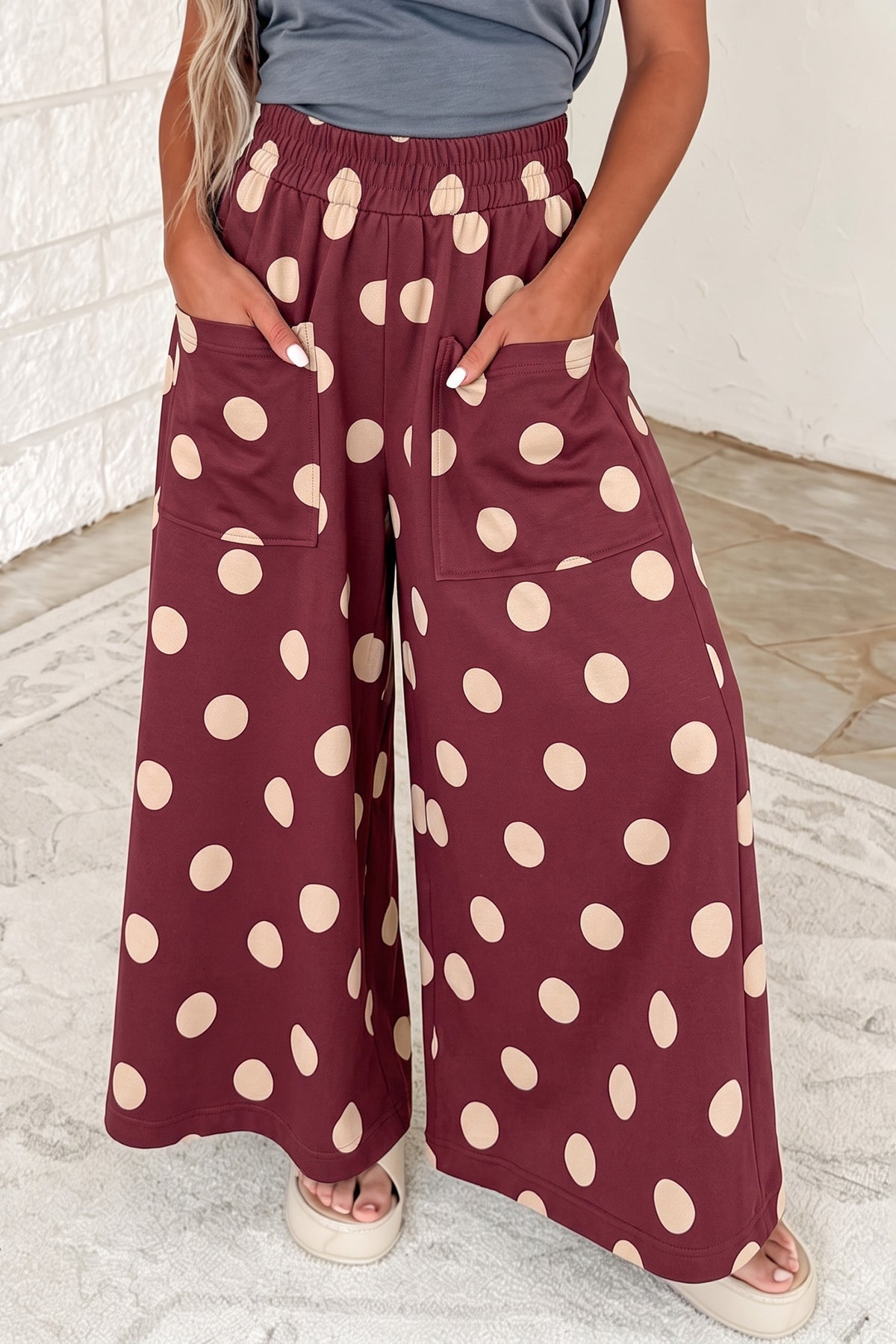 Sail Blue Polka Dot Wide Leg Elastic Waist Casual Pants-Bottoms/Pants & Culotte-[Adult]-[Female]-Burgundy-S-2022 Online Blue Zone Planet