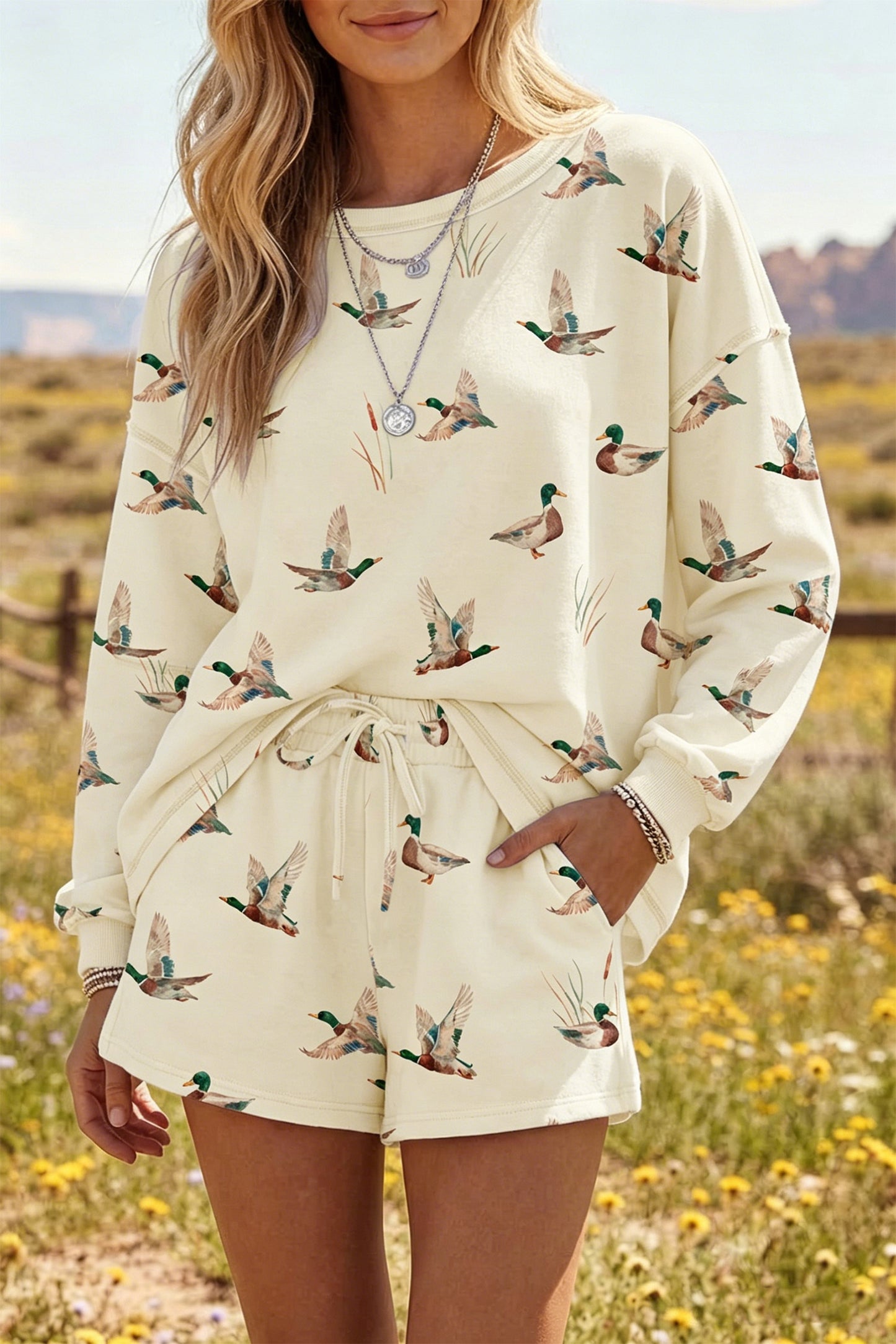 Beige Free Mallard Print Long Sleeve Top Drawstring Short Set-Two Piece Sets/Short Sets-[Adult]-[Female]-Beige-S-2022 Online Blue Zone Planet