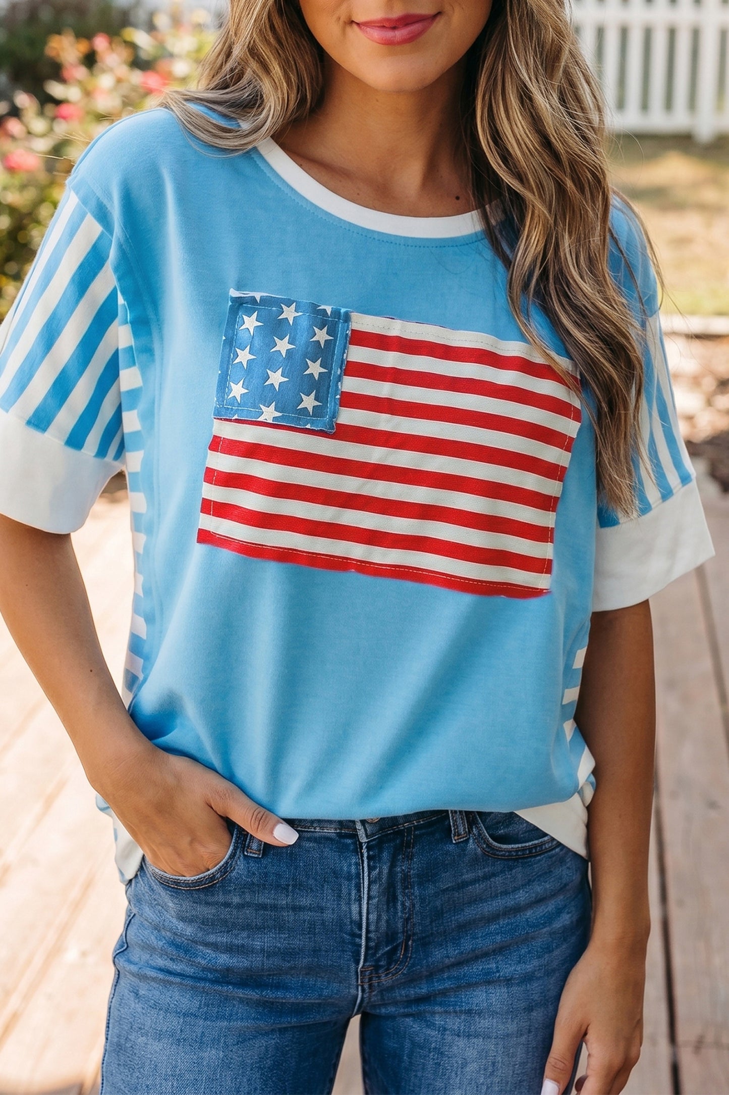 Light Blue Flag Print Patchwork Colorblock July 4th T Shirt-Tops/Tops & Tees-[Adult]-[Female]-2022 Online Blue Zone Planet
