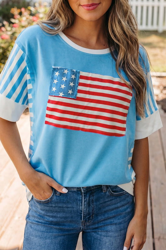 Light Blue Flag Print Patchwork Colorblock July 4th T Shirt-Tops/Tops & Tees-[Adult]-[Female]-2022 Online Blue Zone Planet