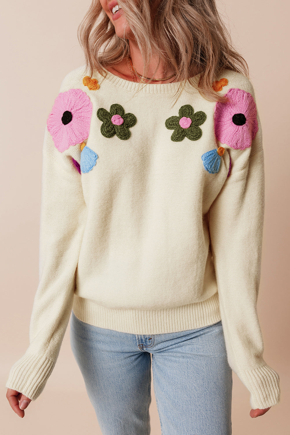 Light Blue Knitted Flower Pattern Ribbed Edge Sweater-Sweaters & Cardigans/Sweaters-[Adult]-[Female]-2022 Online Blue Zone Planet