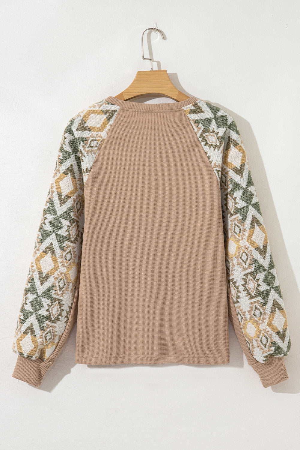 Smoke Gray Waffle Aztec Patchwork Raglan Sleeve Knit Top-Tops/Long Sleeve Tops-[Adult]-[Female]-2022 Online Blue Zone Planet