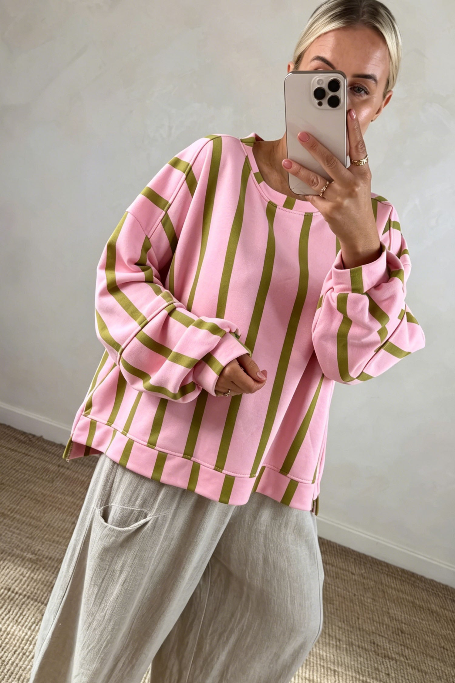 Pink Stripe Dropped Shoulder Round Neck Casual Sweatshirt-Tops/Sweatshirts & Hoodies-[Adult]-[Female]-2022 Online Blue Zone Planet