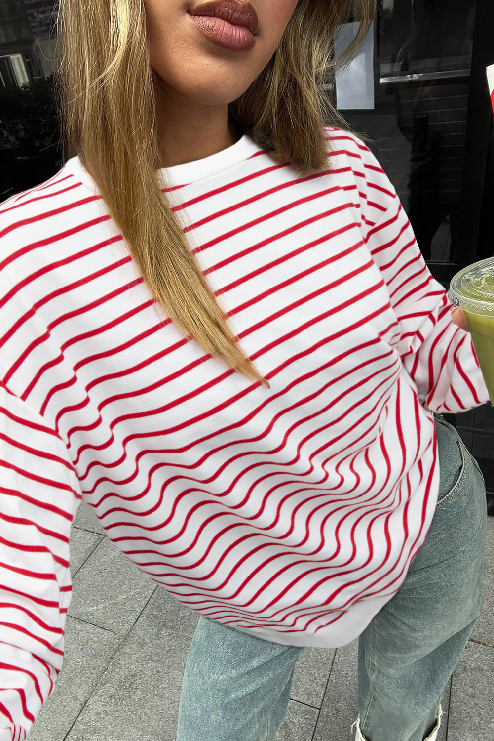 Coffee Striped Long Sleeve Round Neck Loose Top-Tops/Long Sleeve Tops-[Adult]-[Female]-Burgundy-S-2022 Online Blue Zone Planet