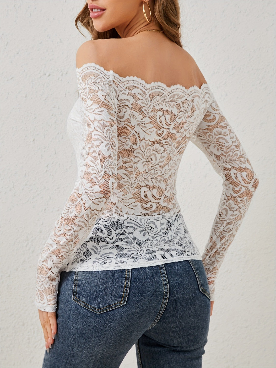 Off-Shoulder Long Sleeve Lace Top-TOPS / DRESSES-[Adult]-[Female]-2022 Online Blue Zone Planet