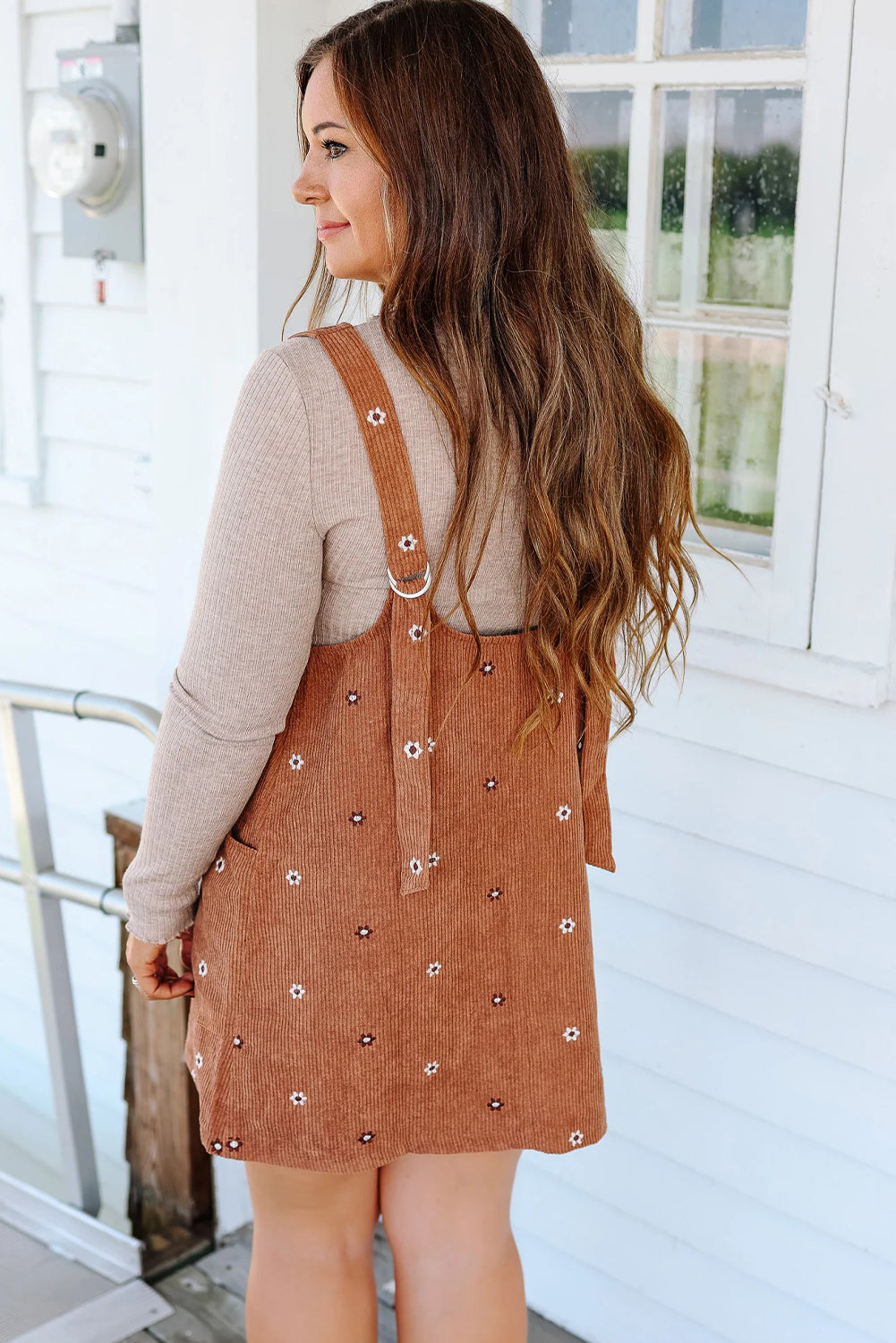 Gold Flame Flower Embroidered Corduroy Overall Mini Dress-Dresses/Mini Dresses-[Adult]-[Female]-2022 Online Blue Zone Planet