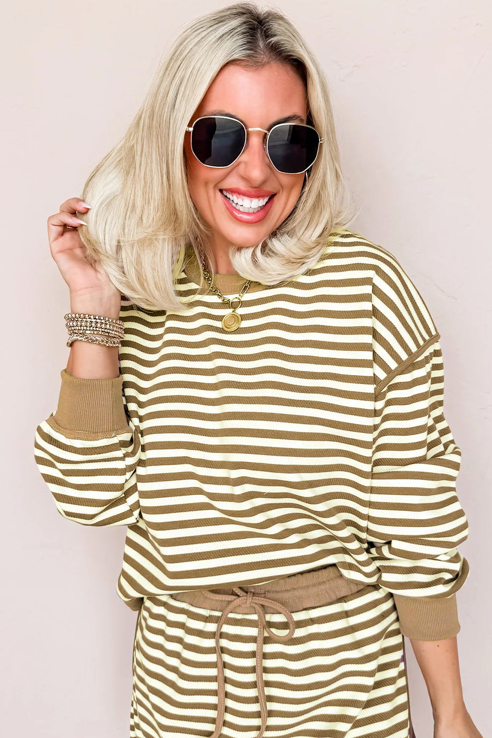 Brown Stripe Textured Drop Shoulder Pullover Top Drawstring Mini Skirt Two Piece Dress Set-TOPS / DRESSES-[Adult]-[Female]-2022 Online Blue Zone Planet