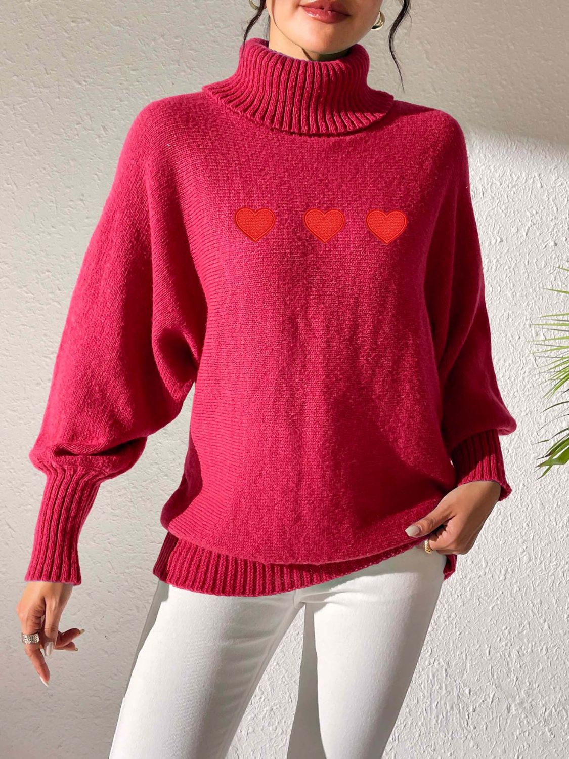 Heart Turtleneck Long Sleeve Sweater-TOPS / DRESSES-[Adult]-[Female]-Deep Red-S-2022 Online Blue Zone Planet