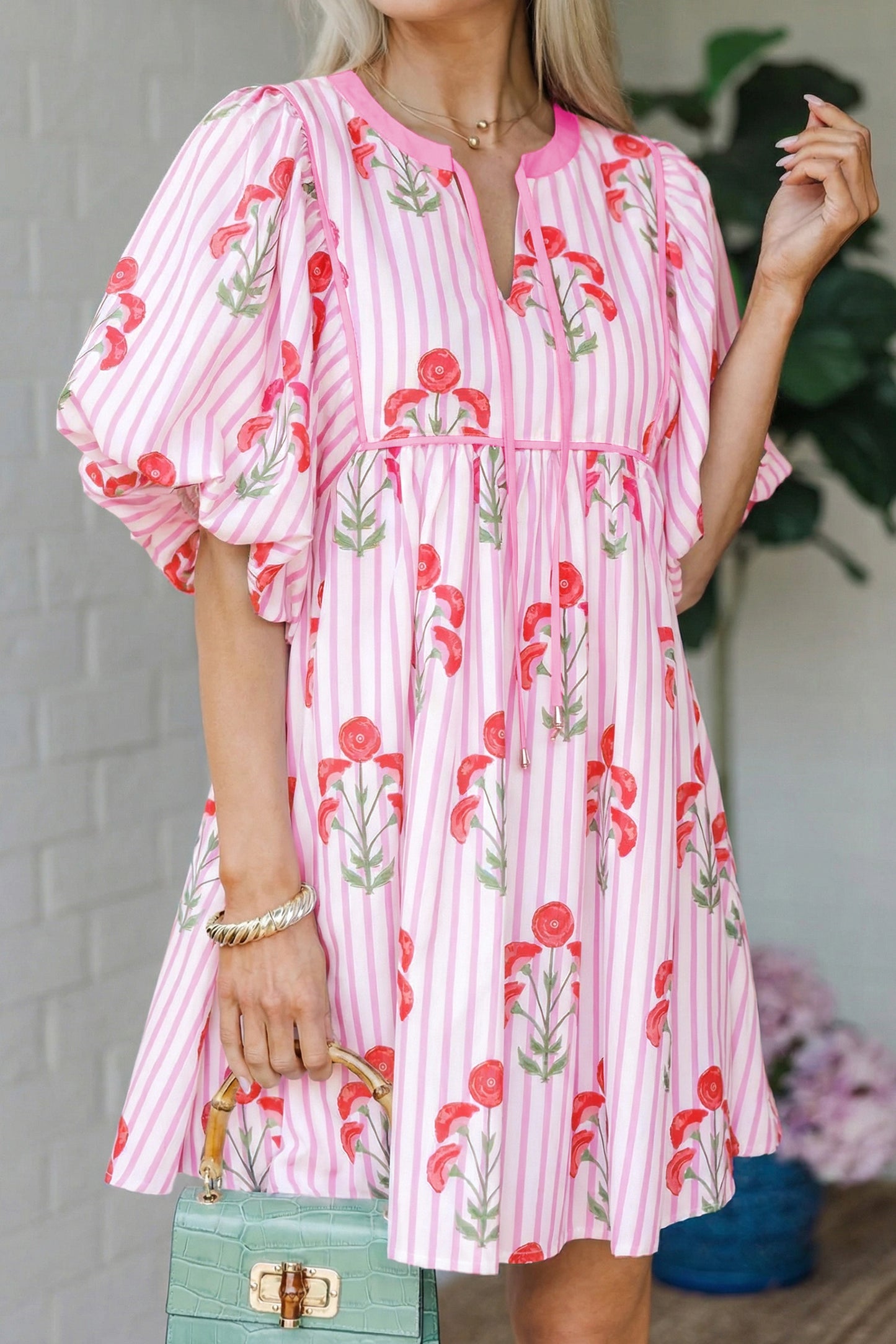 Pink Floral Striped Print Tie Notched Neck Puff Sleeve Flared Mini Dress-Dresses/Floral Dresses-[Adult]-[Female]-Pink-S-2022 Online Blue Zone Planet