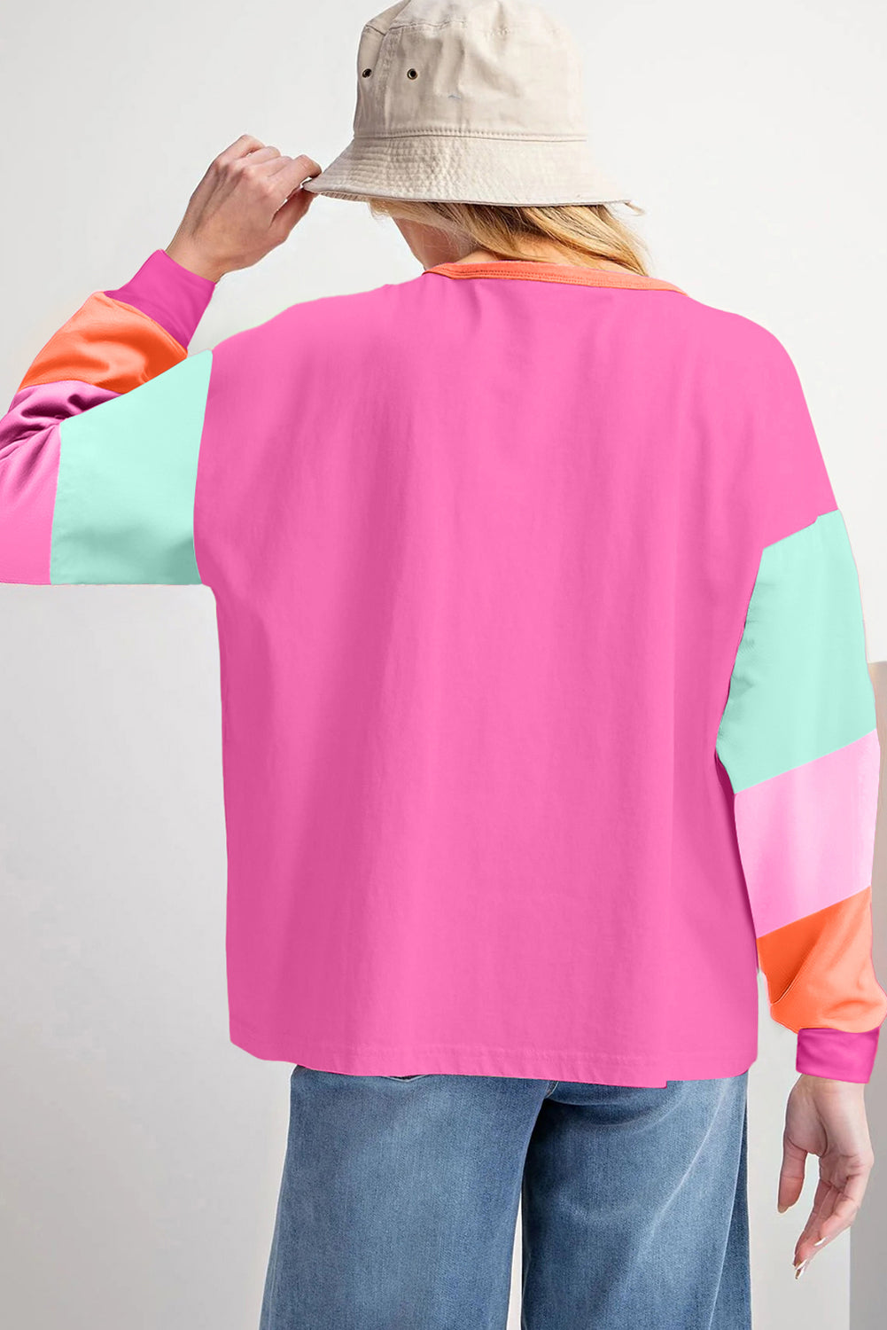 Blue Zone Planet | Rose Red Chenille MERRY Christmas Patched Colorblock Long Sleeve Top-Graphic/Graphic Long Sleeve Tees-[Adult]-[Female]-2022 Online Blue Zone Planet