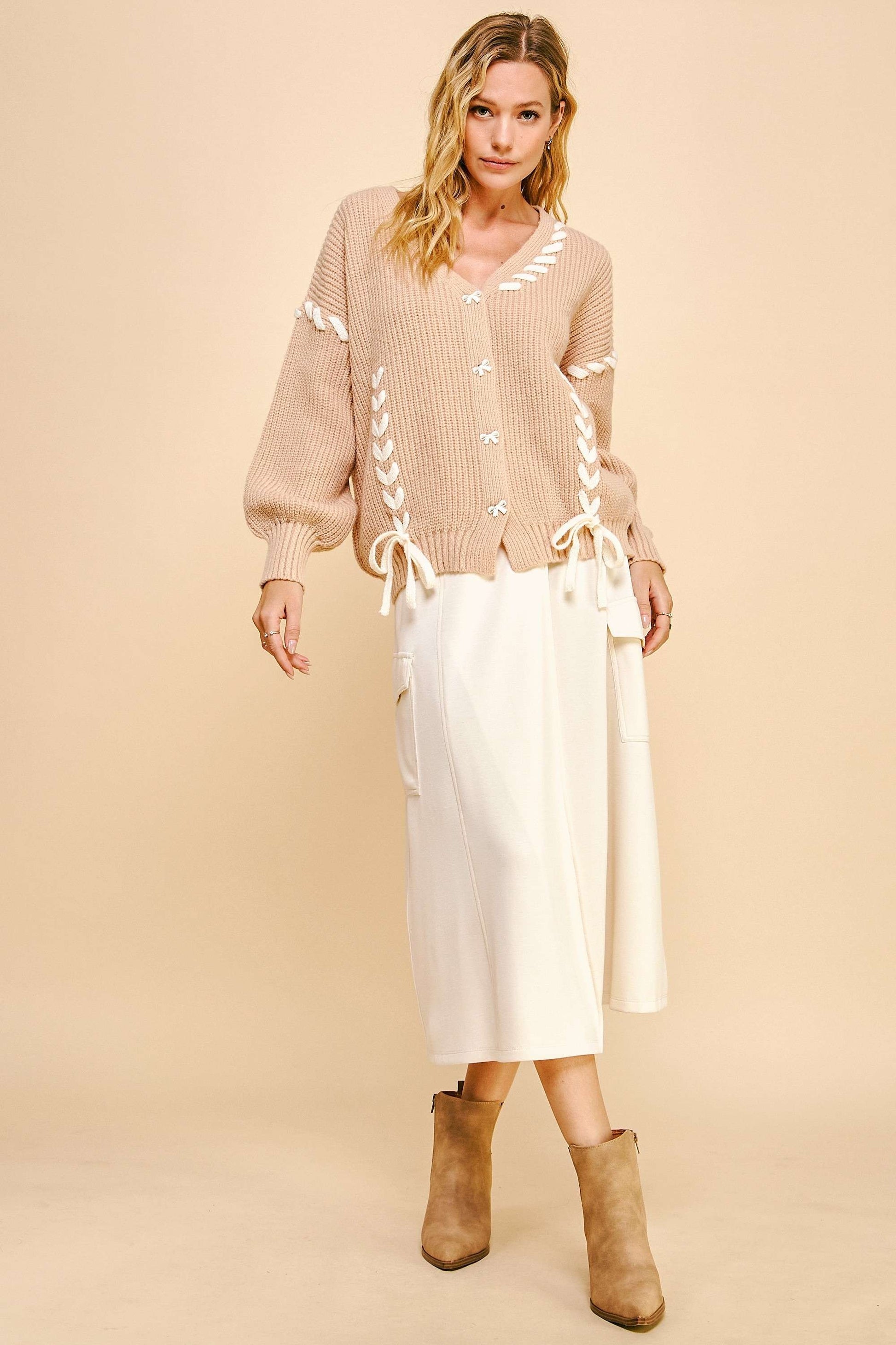 Davi & Dani Lace-Up Ribbon Bow Button Down Cardigan-TOPS / DRESSES-[Adult]-[Female]-2022 Online Blue Zone Planet