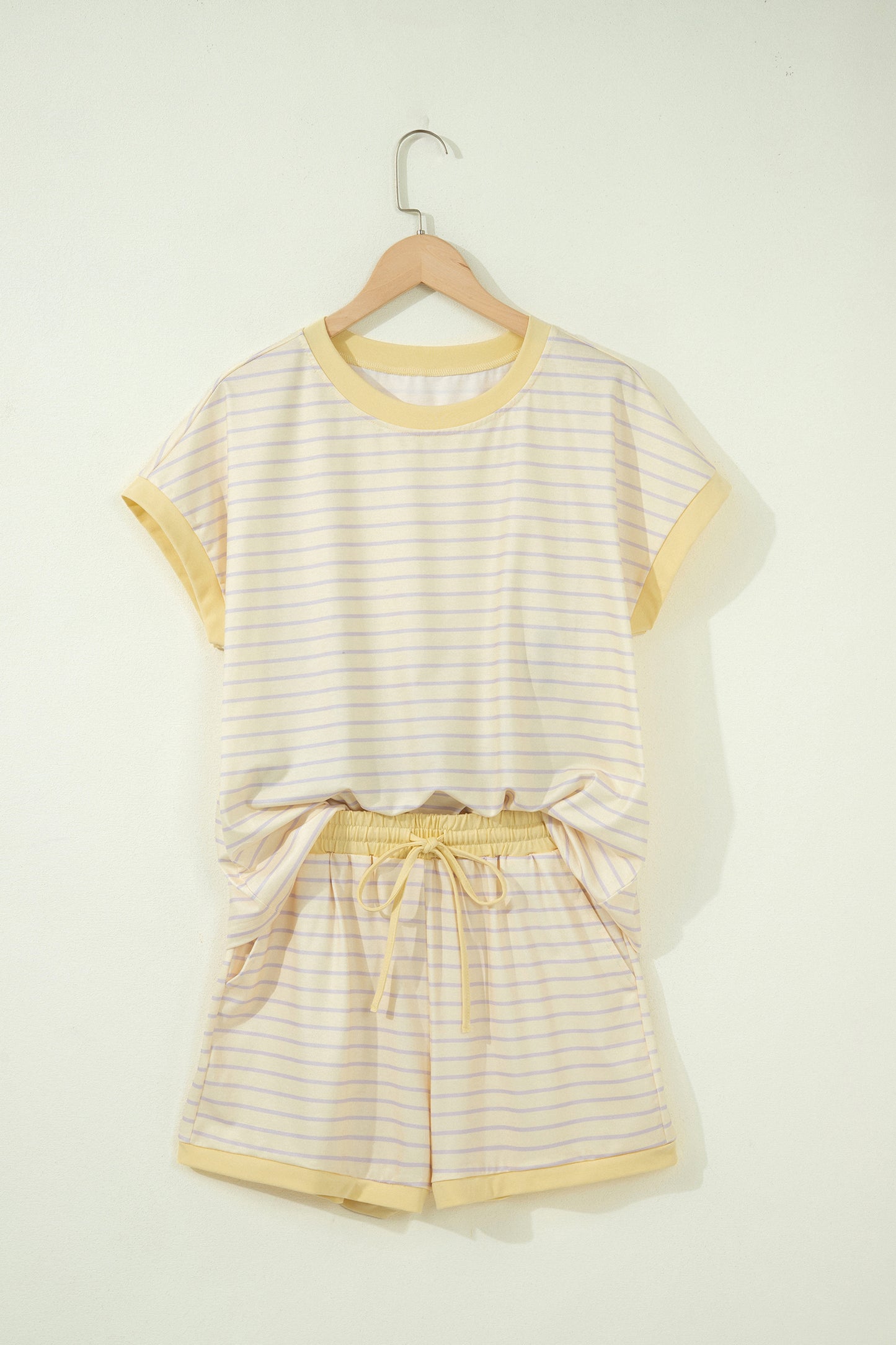 Yellow Stripe Relaxed Tee Drawstring Shorts 2pcs Outfit-Two Piece Sets/Short Sets-[Adult]-[Female]-2022 Online Blue Zone Planet