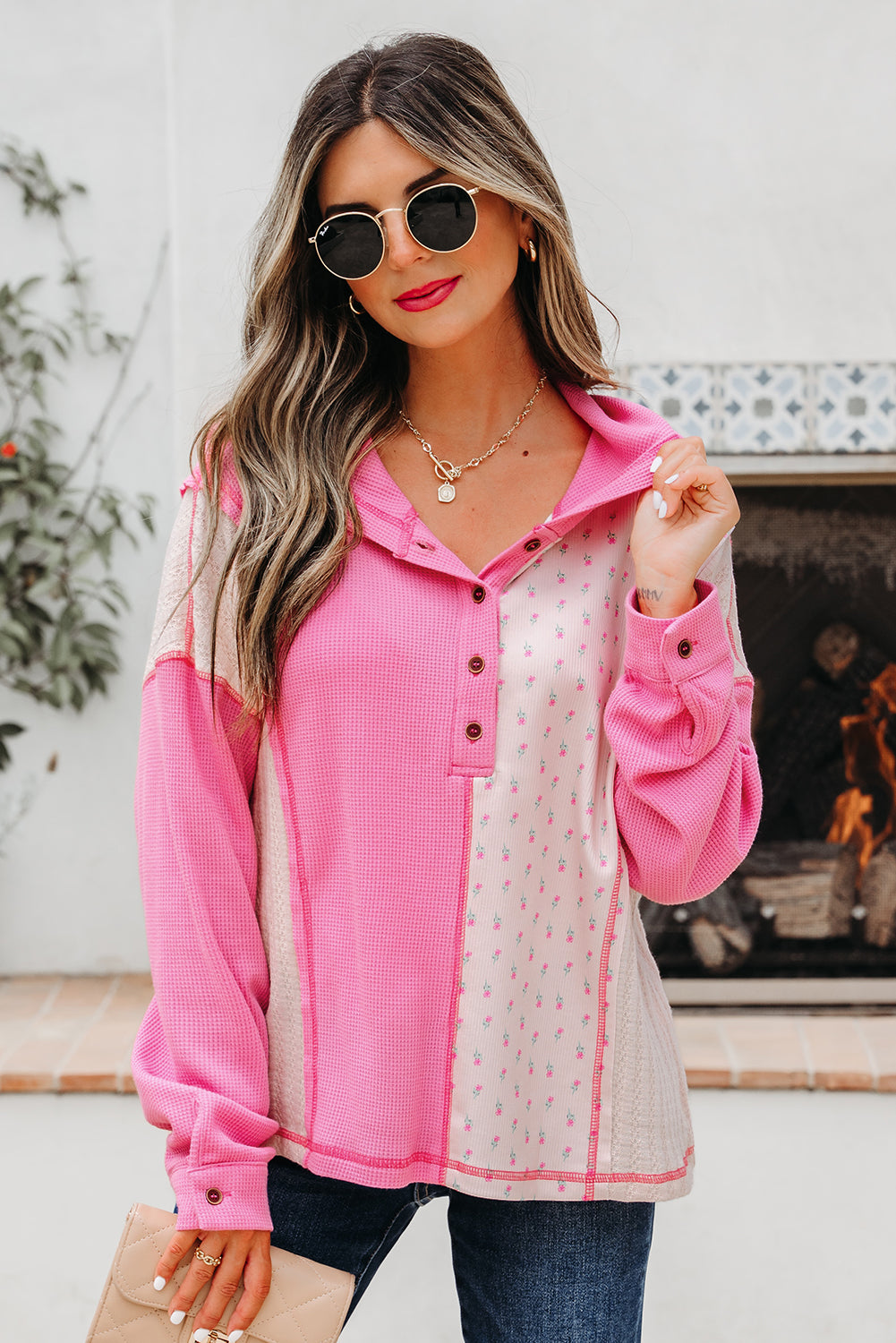 Pink Mixed Texture Waffle Floral Patchwork Hooded Oversize Pullover-Tops/Sweatshirts & Hoodies-[Adult]-[Female]-2022 Online Blue Zone Planet